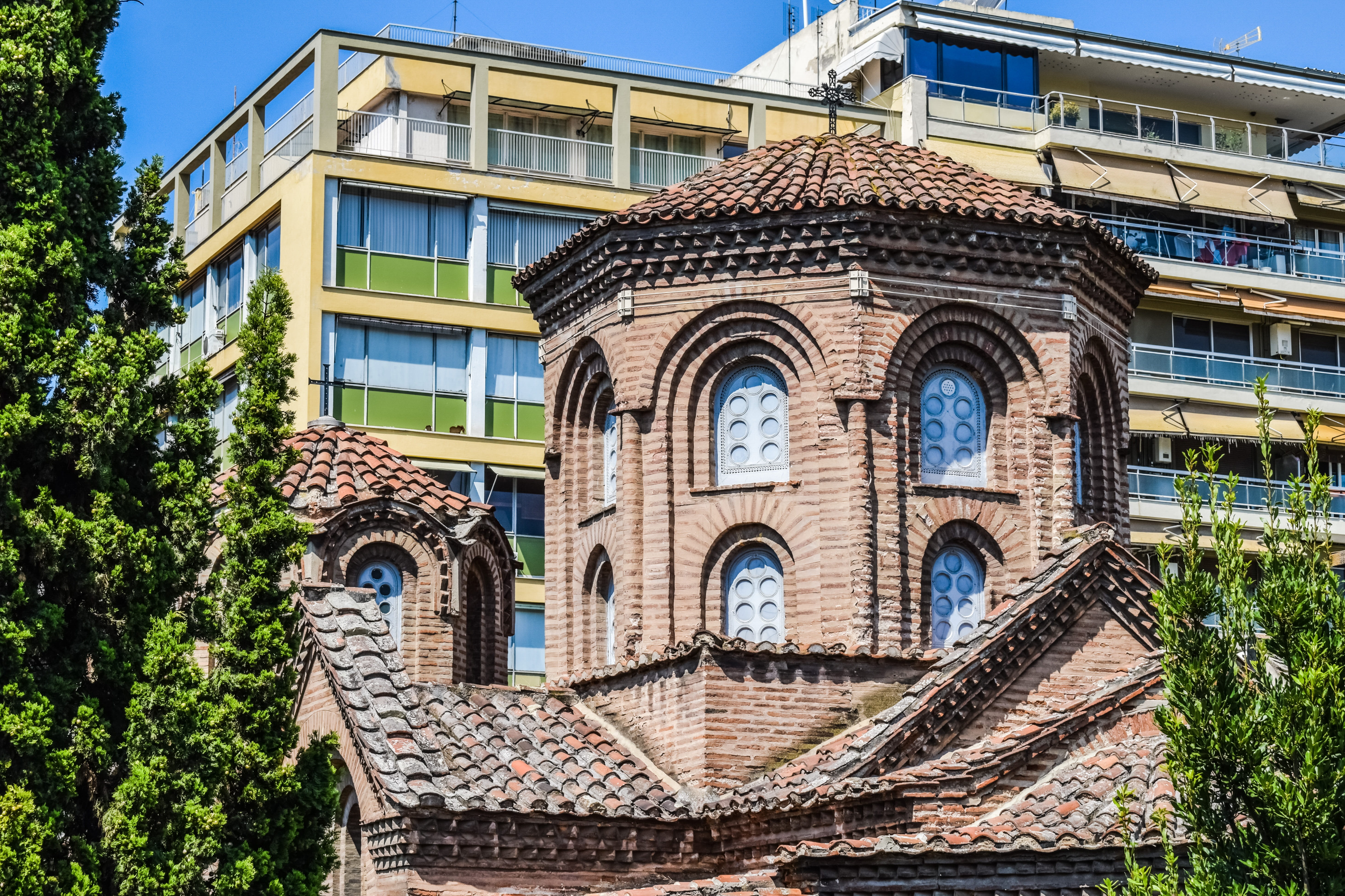 sky, no people, day, sunlight, thessaloniki, history, building exterior, tree, macedonia, byzantine, salonica, greek, greece, 5K, outdoors, low angle view, HD Wallpaper