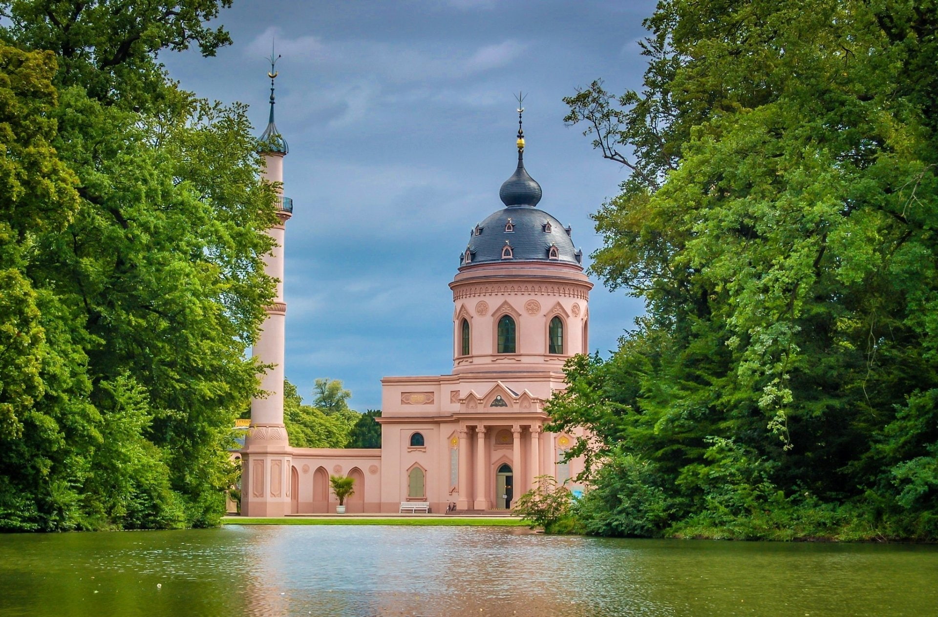 Schwetzingen Mosque, Schwetzingen, Building, Baden-Württemberg, Mosque, Germany, Pink Mosque, Lake, 1080P, Religious, Mosques, HD Wallpaper