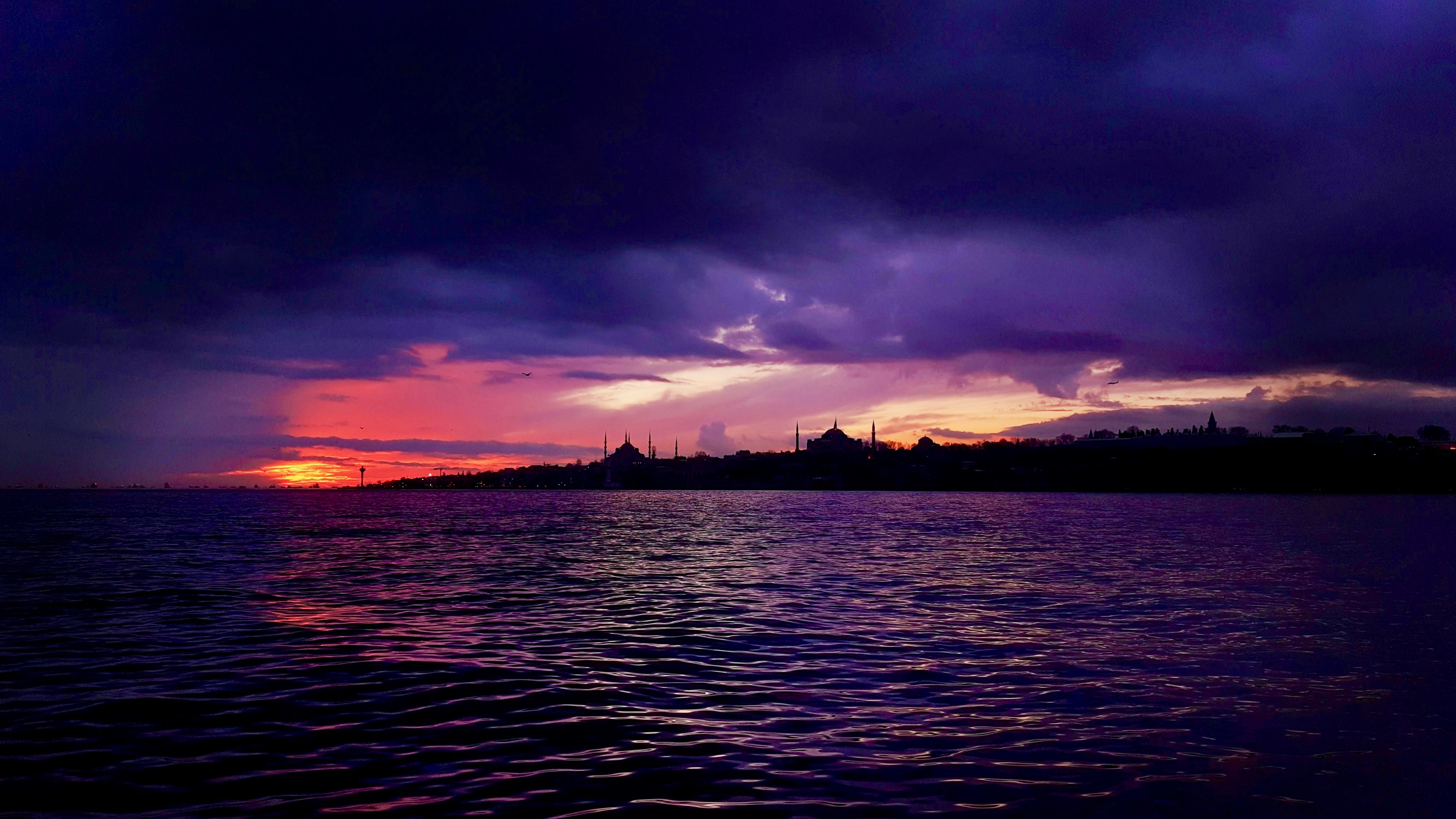 pink, dramatic sky, 5K, purple, no people, yellow, tranquil scene, sparkle, rippled, istanbul, waterfront, marmara, storm, water, mirror, power in nature, HD Wallpaper