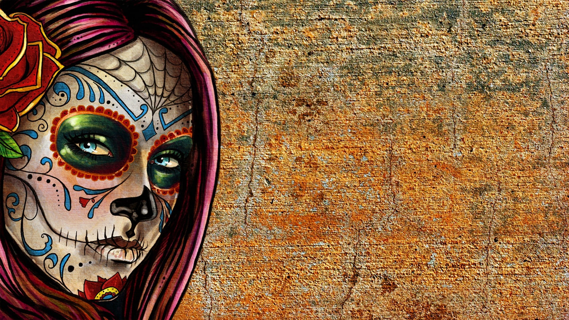 darkness, 1080P, holiday, painting, art, masque, visual art, hallowen, pumpkins, wall, HD Wallpaper