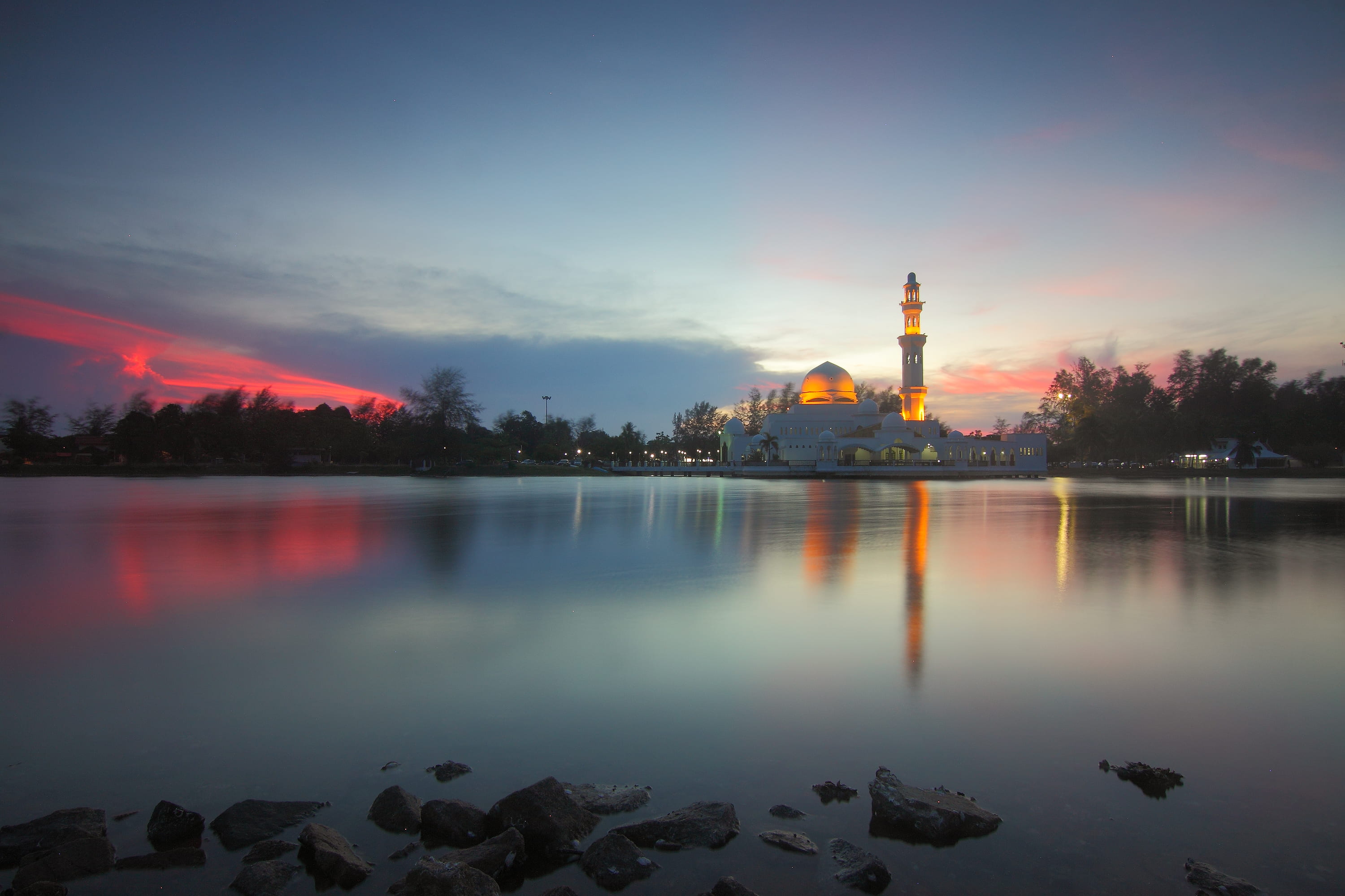 landscape, religion, scenics - nature, nature, building exterior, light, 2K, orange color, trees, cloud - sky, architecture, masque, dawn, sunrise, lake, HD Wallpaper