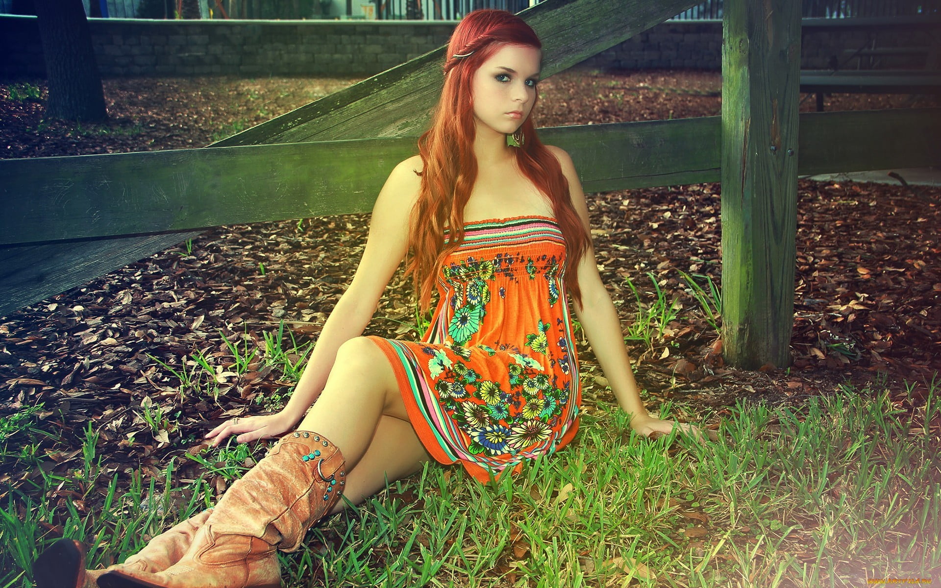 front view, lifestyles, dress, contemplation, orange, beauty, s, boots, green, beautiful woman, sitting, hairstyle, long hair, young women, real people, HD Wallpaper