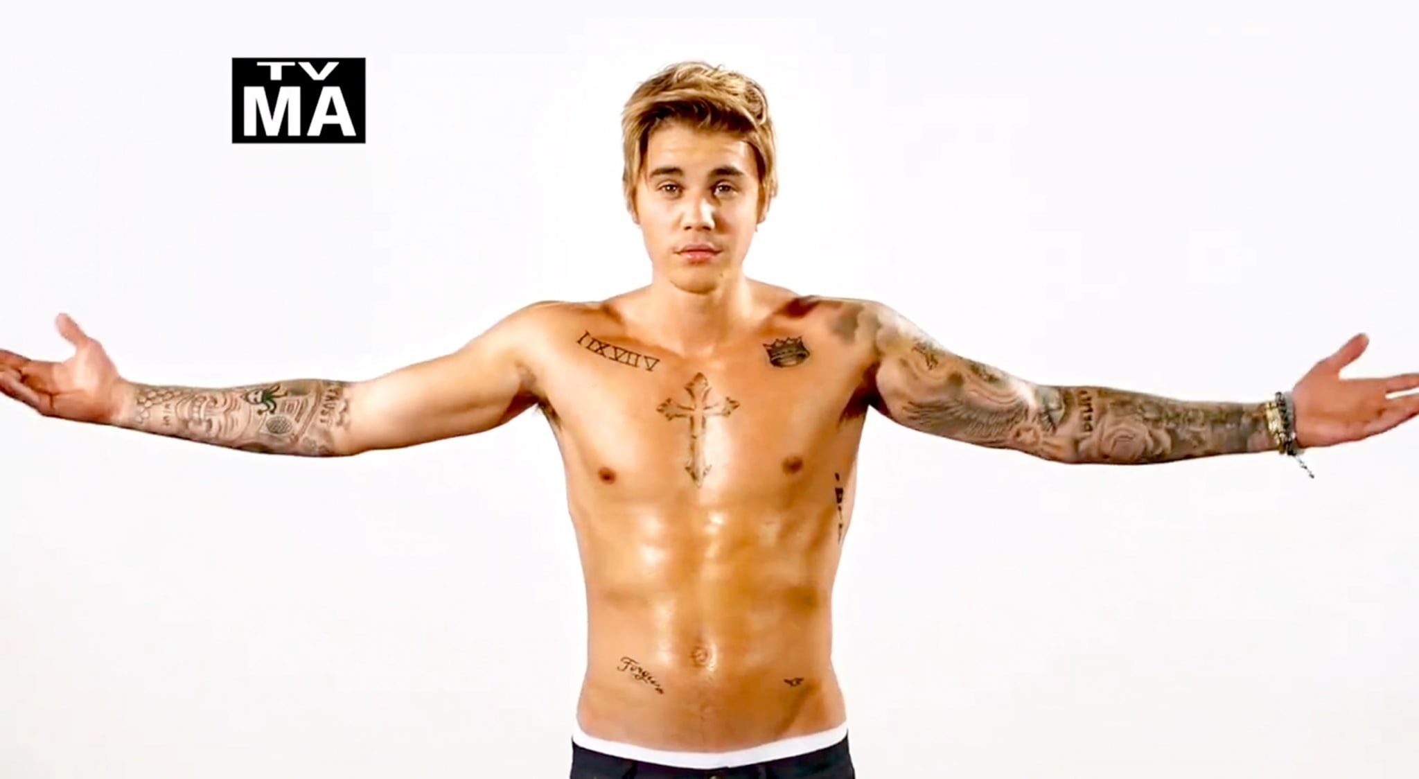 portrait, abdominal muscle, strength, healthy lifestyle, sport, justin bieber  background, body part, young adult, human body part, human arm, tattoo, studio shot, HD Wallpaper