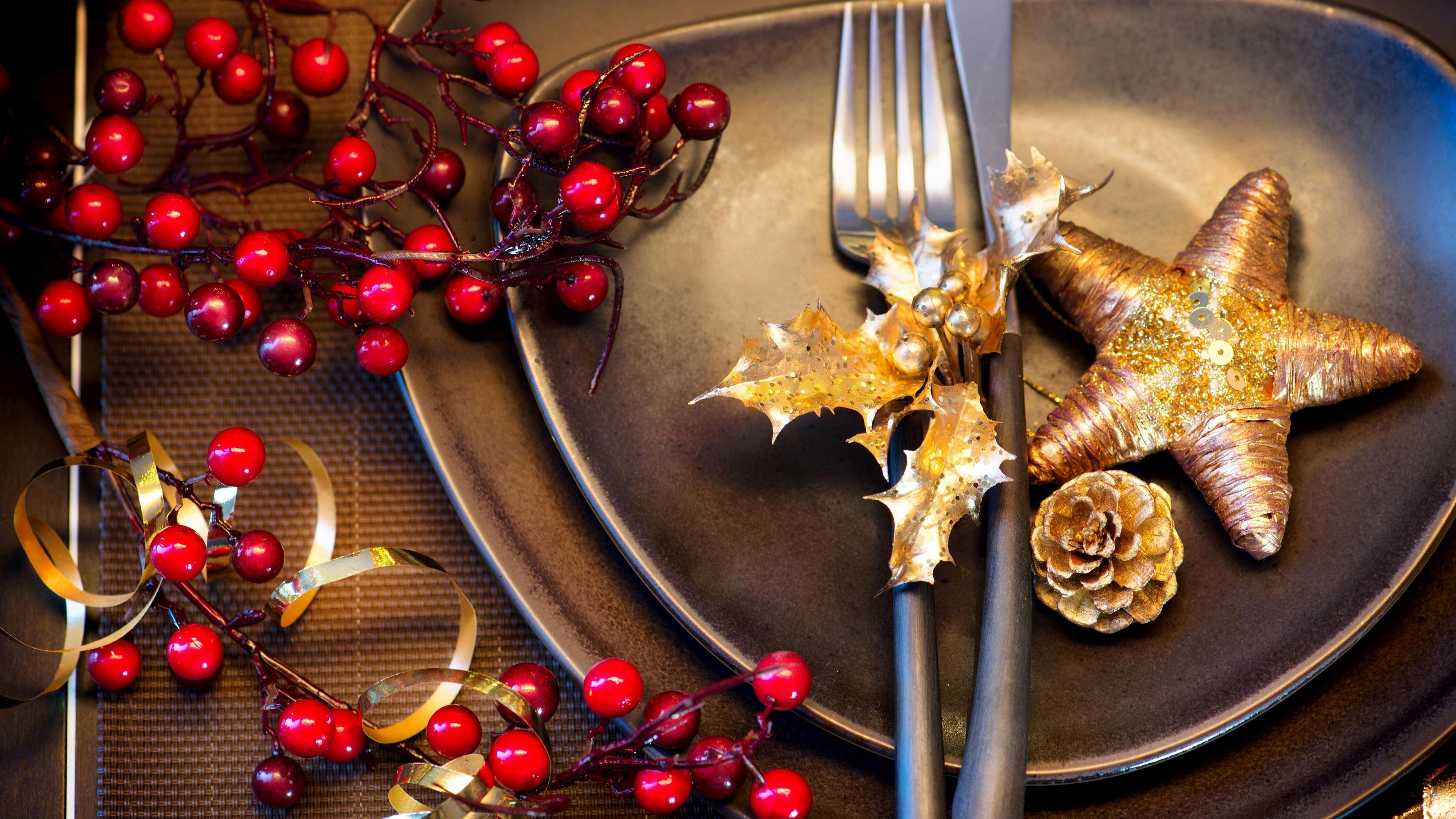 christmas, holidays, table, item, star, knife, assorted, 3840x2160, lot, fork, 4K, setting, HD Wallpaper