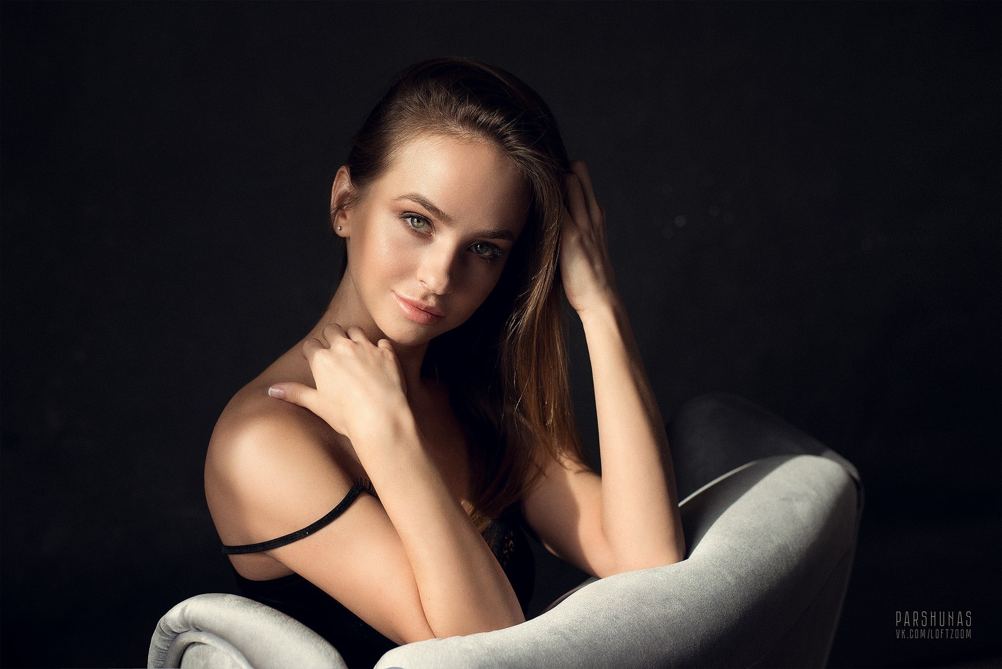women, studio shot, bare shoulders, sitting, face, black background, one person, looking at camera, fashion, young adult, indoors, adult, brown hair, Anton Parshunas, HD Wallpaper