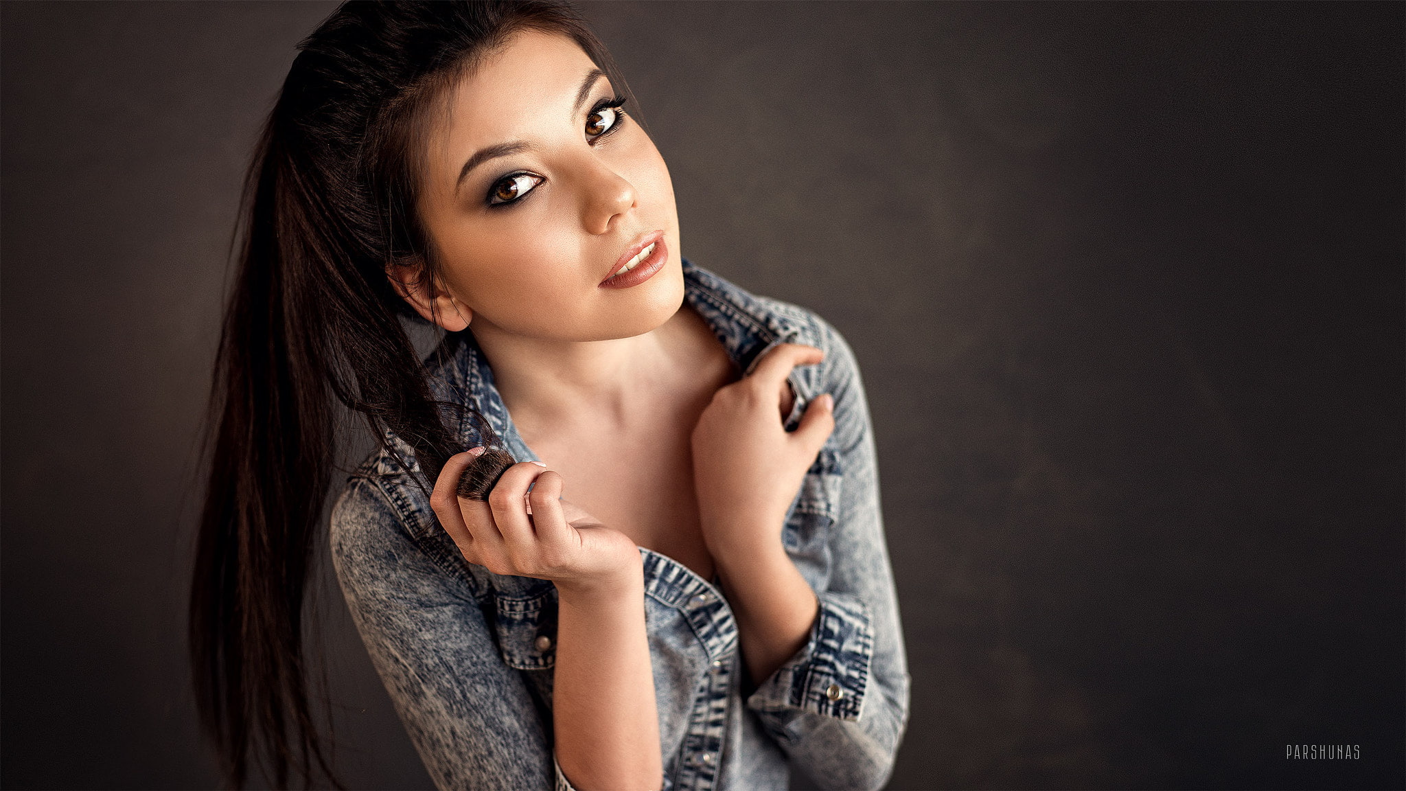 long hair, jeans shirt, brown eyes, brunette, adult, brown hair, touching hair, jean shirt, beautiful people, beauty, modern, fashion model, human face, HD Wallpaper