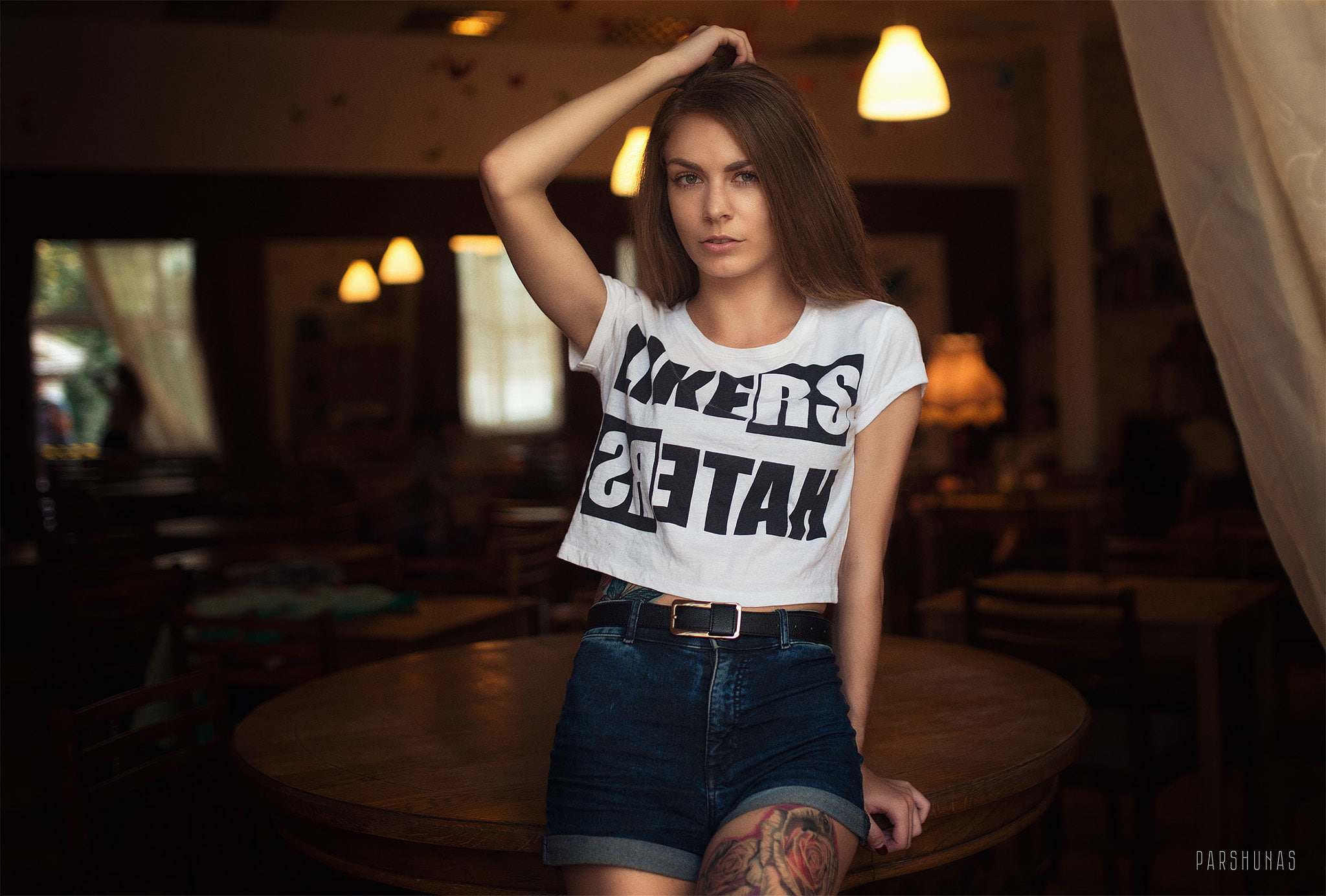 white shirt, women, hands in hair, 1080P, looking at viewer, brunette, tattoo, Anton Parshunas, jean shorts, HD Wallpaper