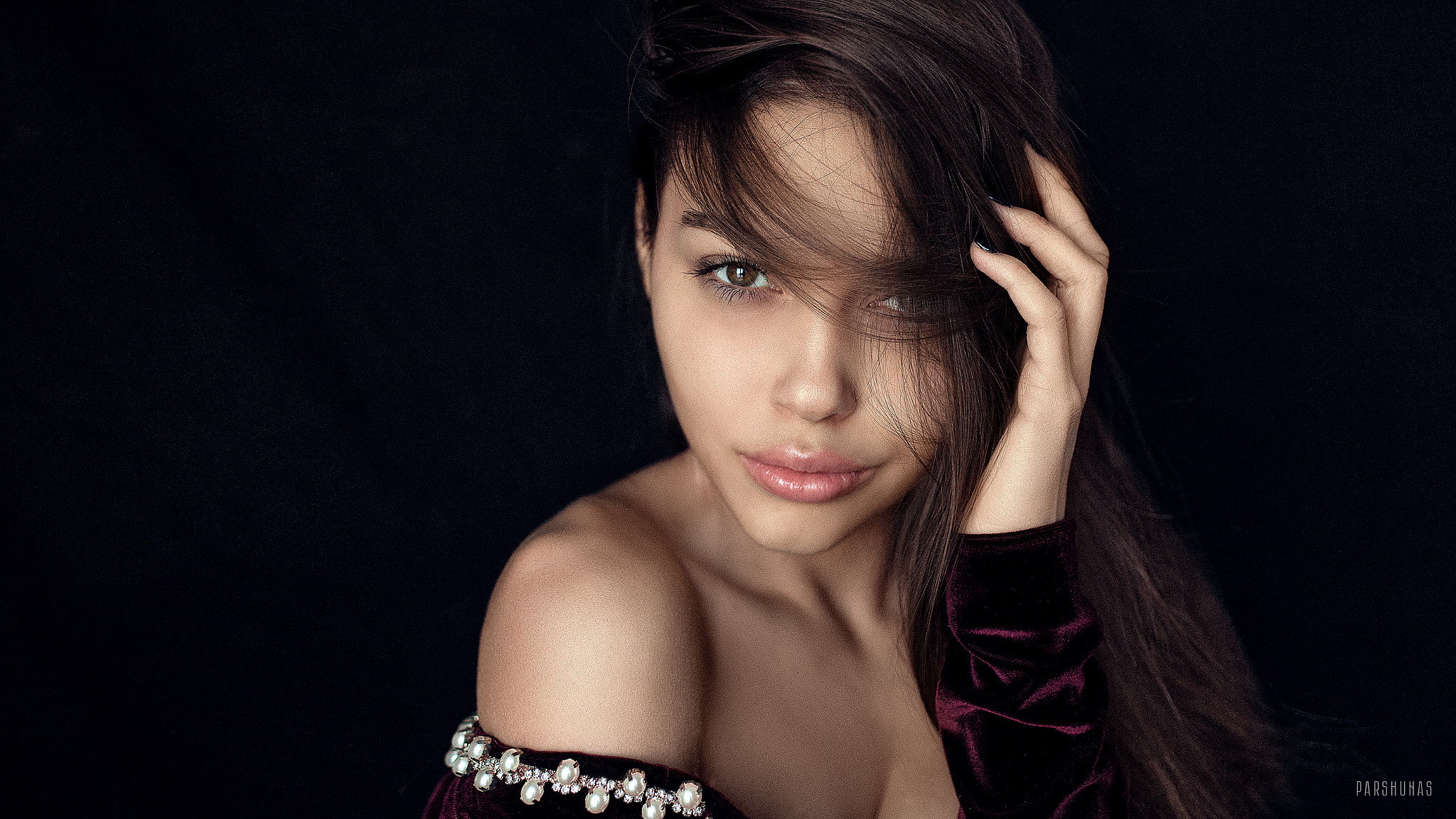 face, Anton Parshunas, women, 1080P, brunette, hands in hair, brown eyes, HD Wallpaper