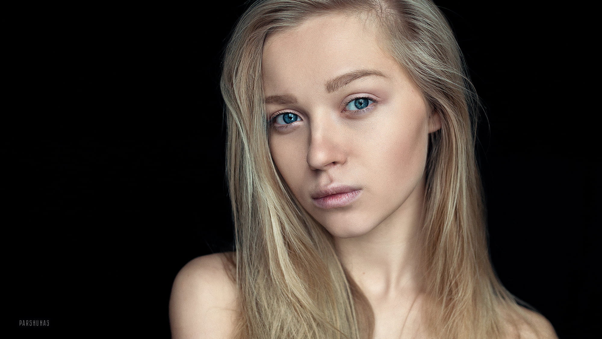 Anton Parshunas, simple background, long hair, blue eyes, 1080P, black background, blonde, looking at viewer, portrait, women, HD Wallpaper