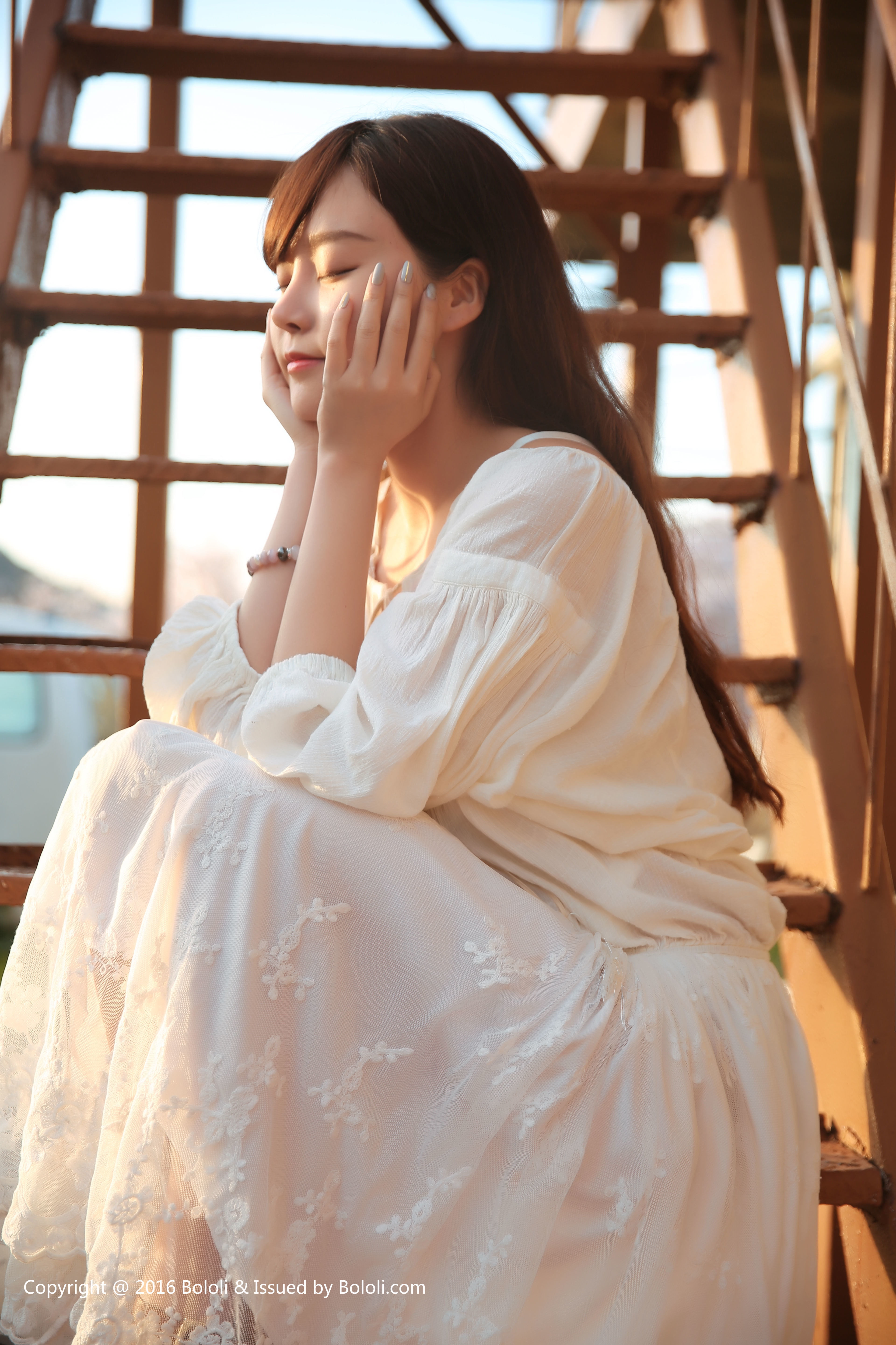 white dress, Asian, sevenbaby, sunset, long hair, Korean women, painted nails, closed eyes, bololi, looking away, 5K, hand on face, women outdoors, women, Phone HD Wallpaper