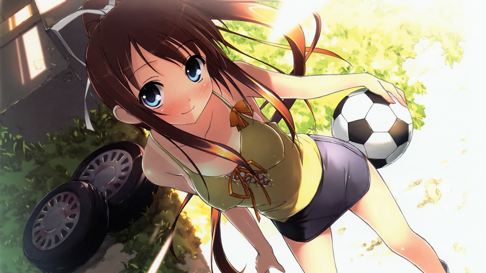 brunettes, Blue Eyes, art, soccer, hd, eyes, skirts, football, tan, sports, 1080P, girls, x, lines, blue, anime, HD Wallpaper
