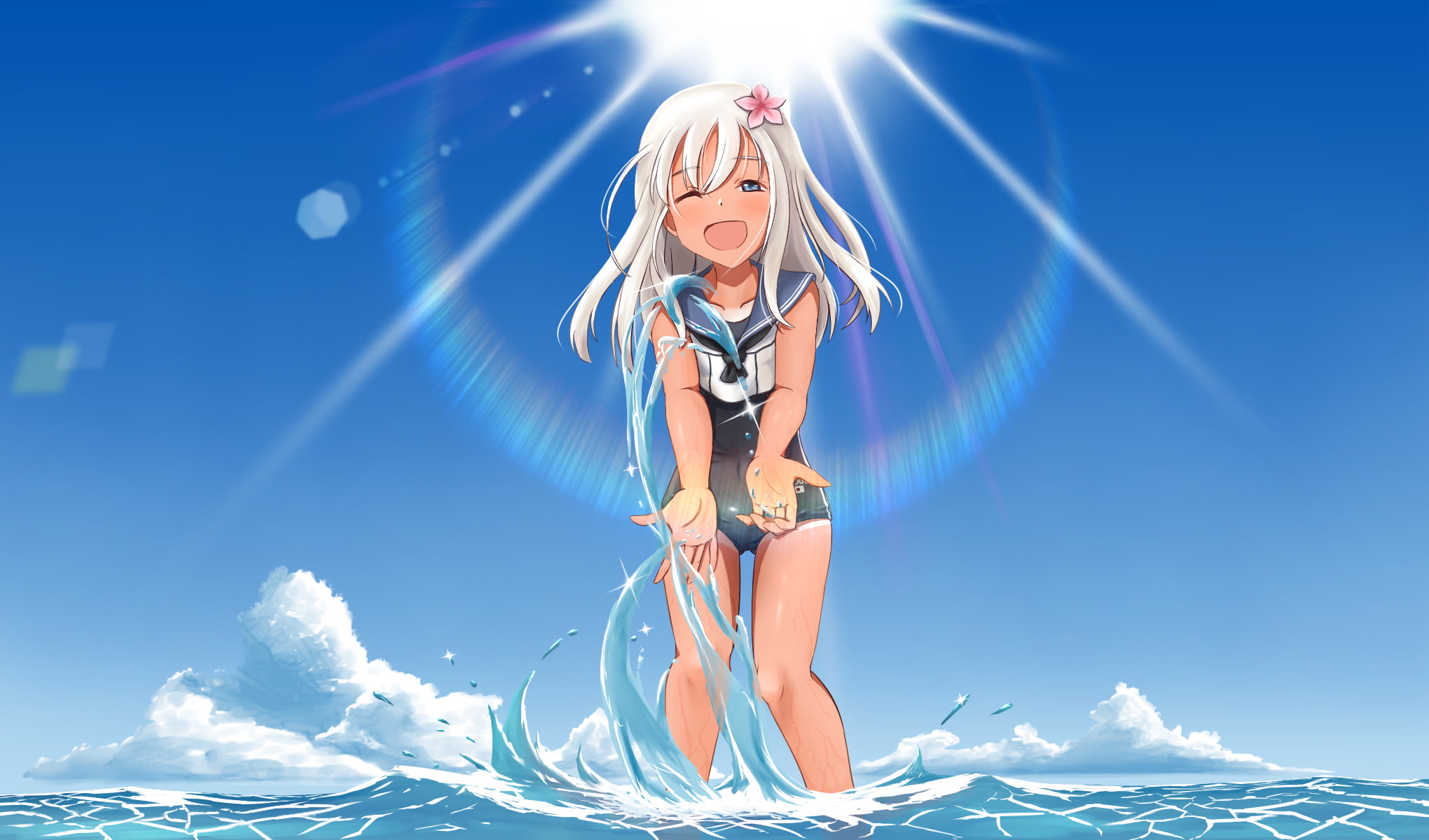 collection, eyes, anthropomorphism, ro-500, water, 261427, 1080P, blonde, clouds, flowers, konachan, lines, wink, ggxfa, (kancolle), com, hair, tan, blue, HD Wallpaper