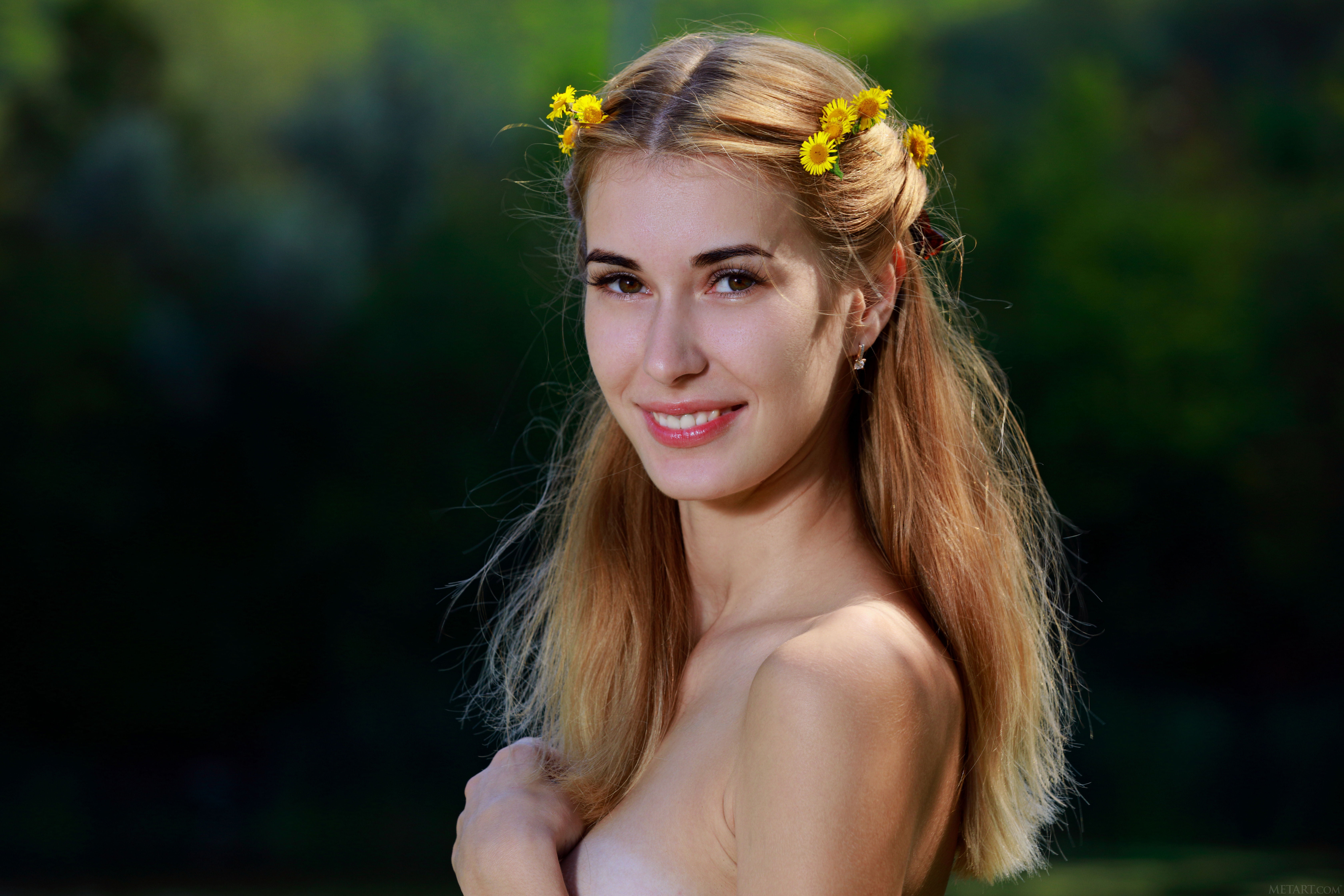 blonde, flowers, tan lines, Aileen, 5K, smiling, trees, women, Met-Art, women outdoors, nature, HD Wallpaper