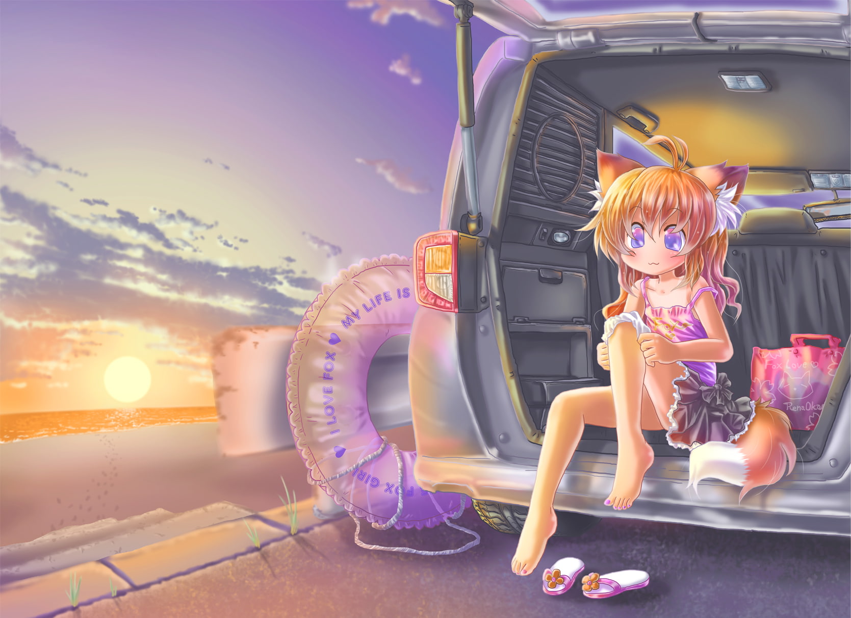 hair, tail, barefoot, lines, long, foxgirl, tan, sunset, renaoka, ears, animal, eyes, beach, tube, original, blush, clouds, orange, purple, 720P, HD Wallpaper