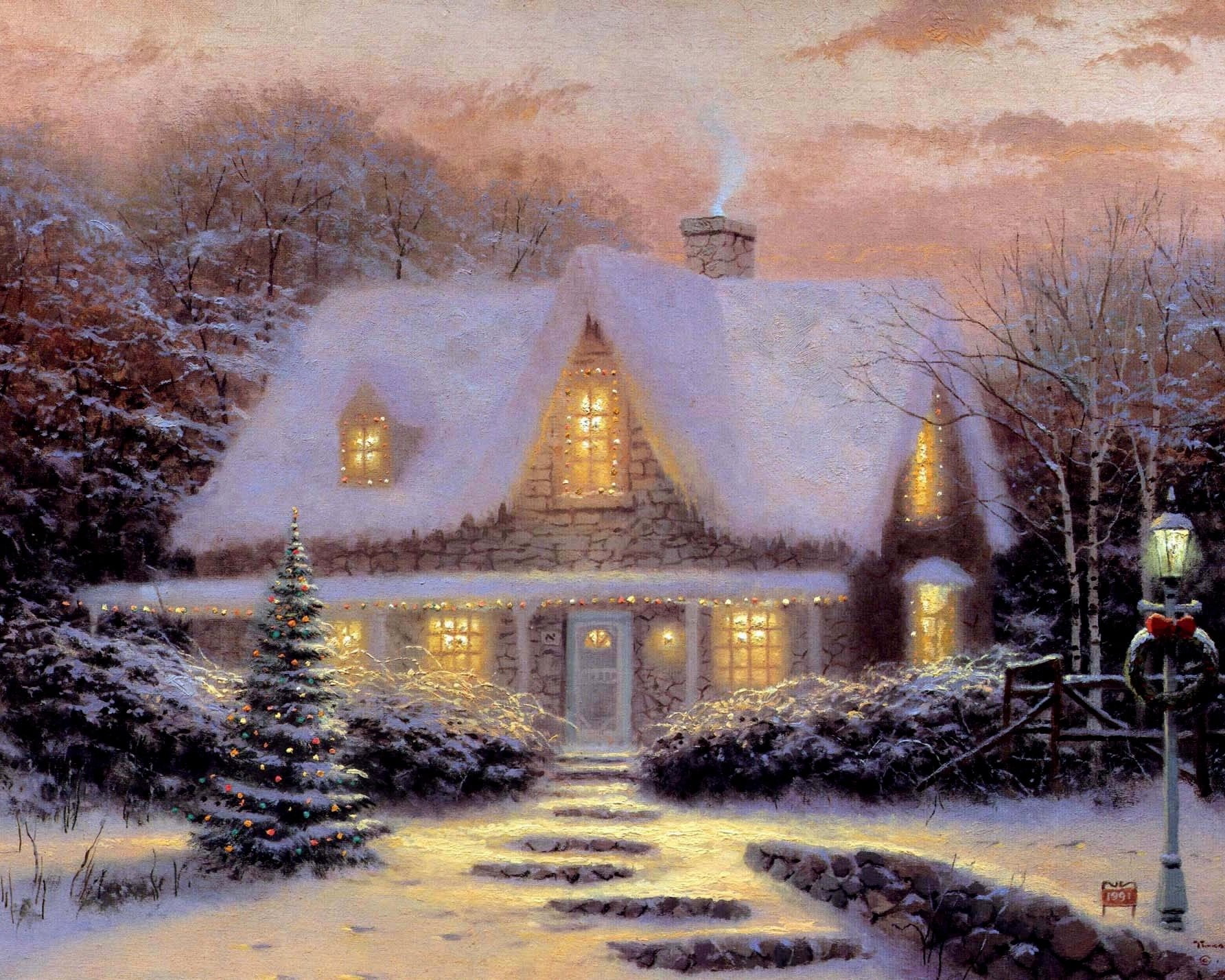 720P, pictorial, kinkade, art, thomas, christmas, HD Wallpaper