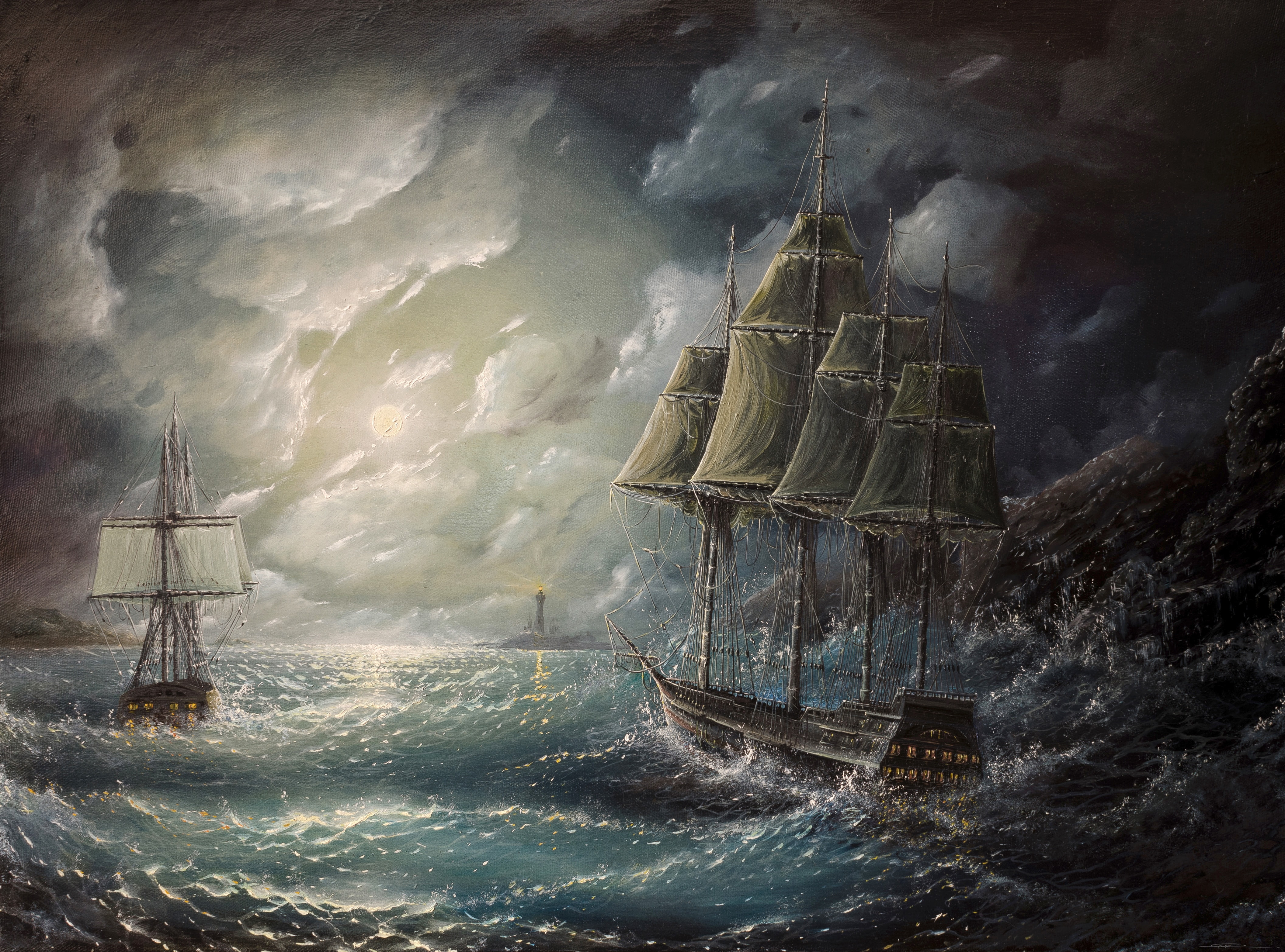 pictorial, ships, painting, art, sailing, sea, 4K, HD Wallpaper
