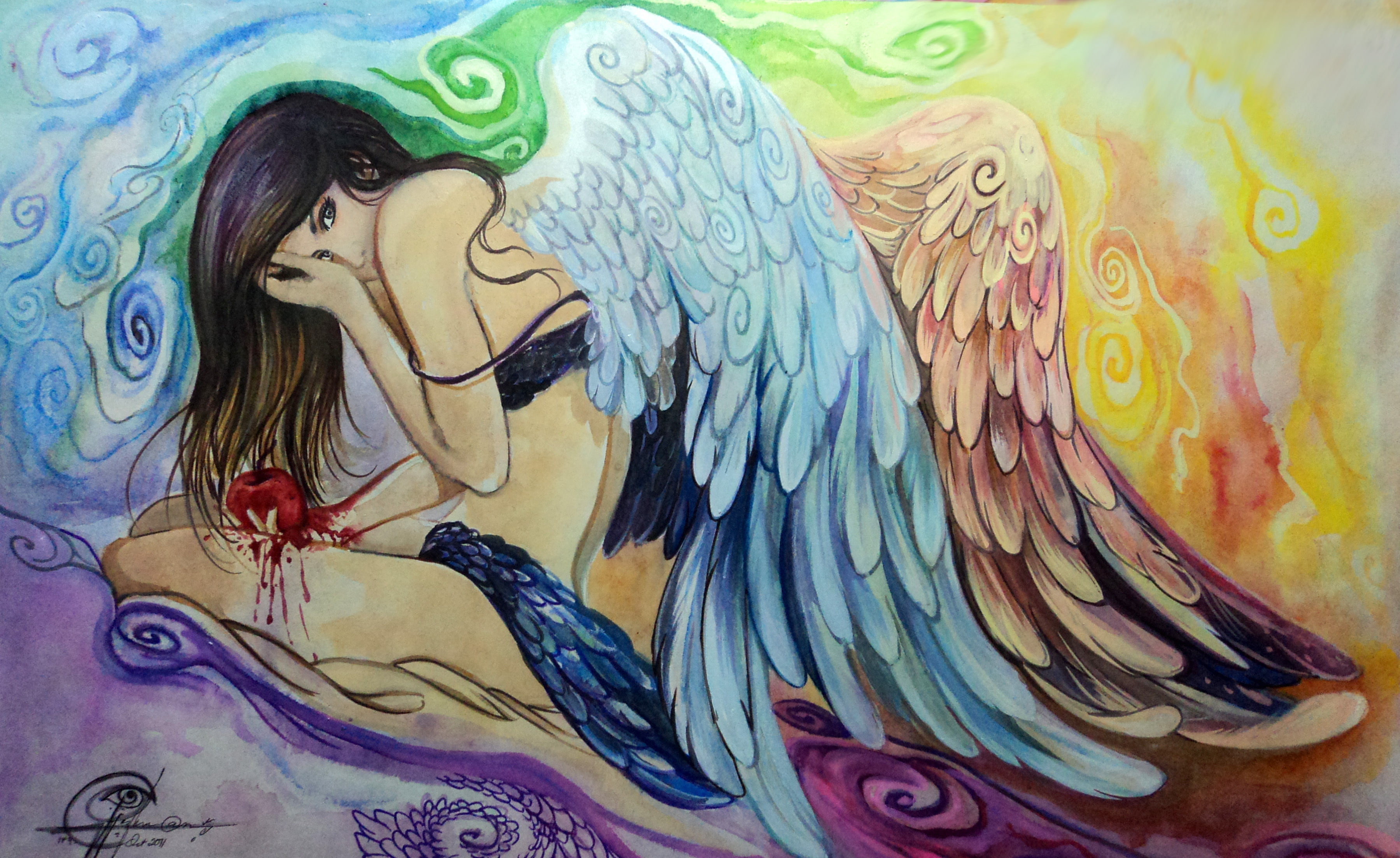 babes, psychedelic, gothic, art, fantasy, girls, painting, women, 2K, females, apple, angels, wings, pictorial, blood, HD Wallpaper