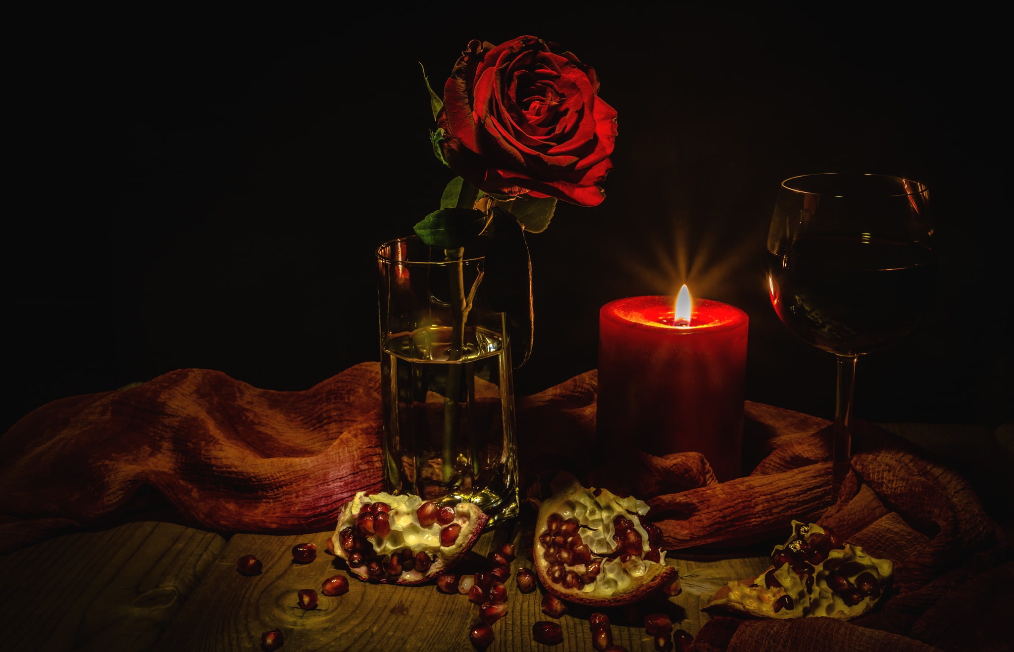 wine, rose, 1080P, candle, still life, glass, garnet, pillar, red, HD Wallpaper