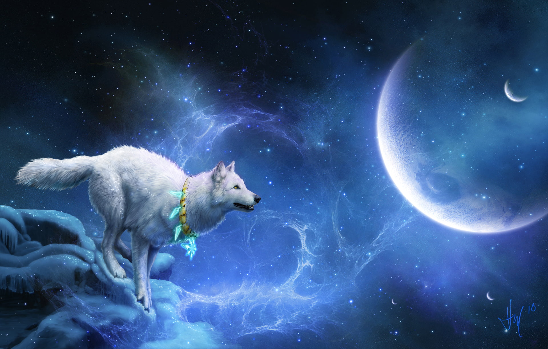 night, planet, space, animal, astronomy, wolf, domestic animals, outdoors, nature, water, animals in the wild, pets, no people, mammal, domestic, fantasy art, HD Wallpaper