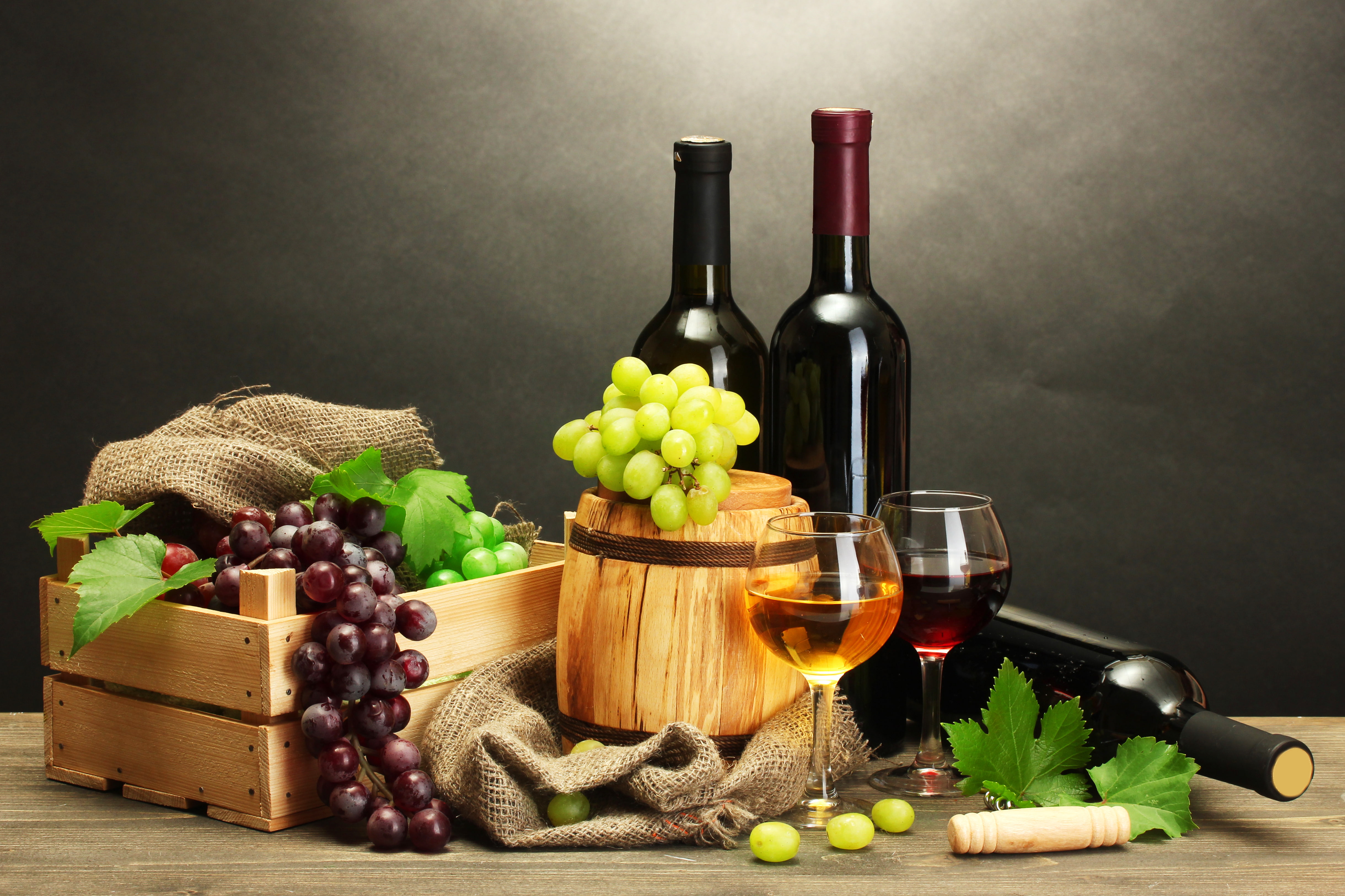 table, 4K, grapes, corkscrew, wine, leaves, box, barrel, bottle, white, red, HD Wallpaper