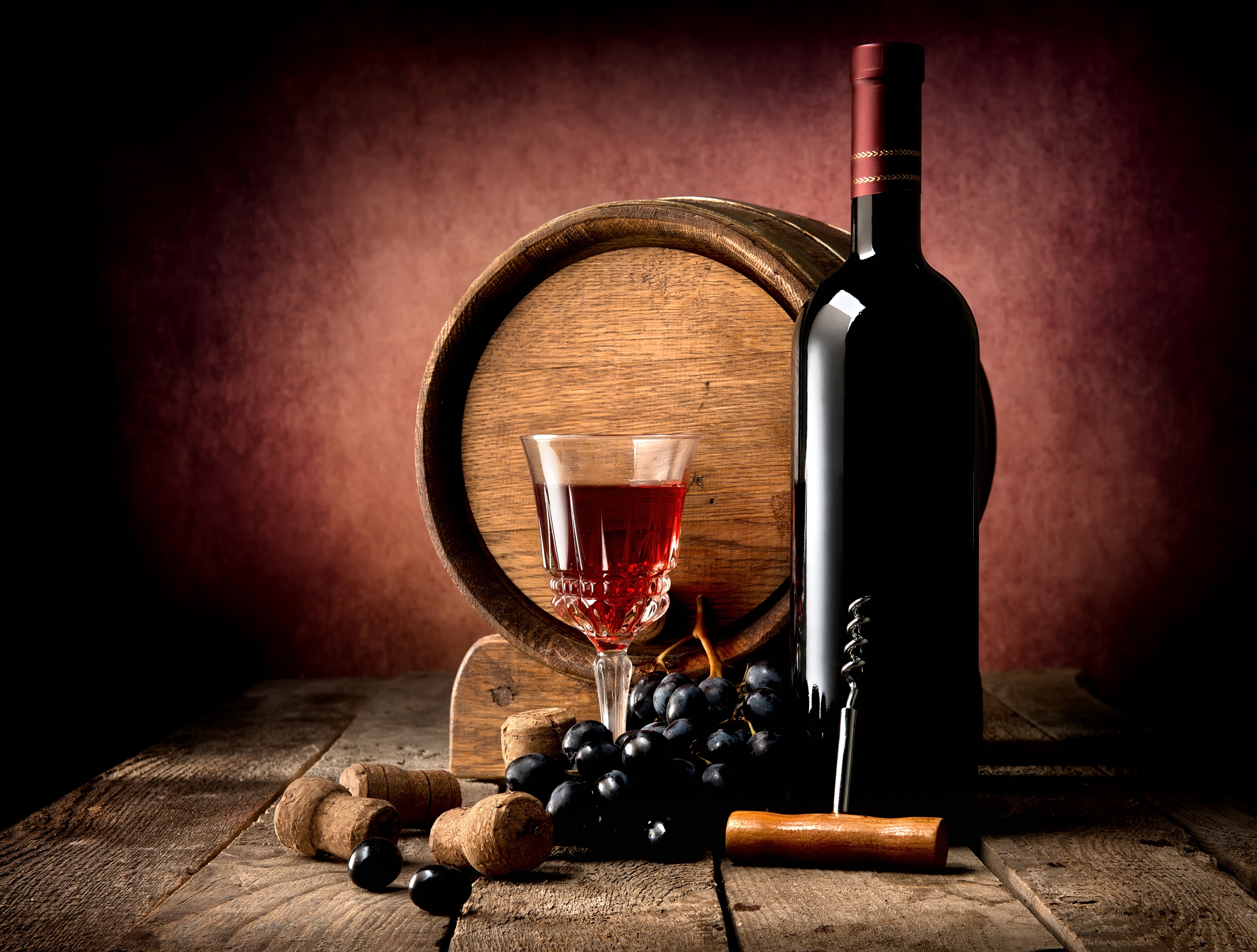twilight, glass, corkscrew, barrel, 5K, wine, Board, bottle, table, grapes, tube, red, HD Wallpaper