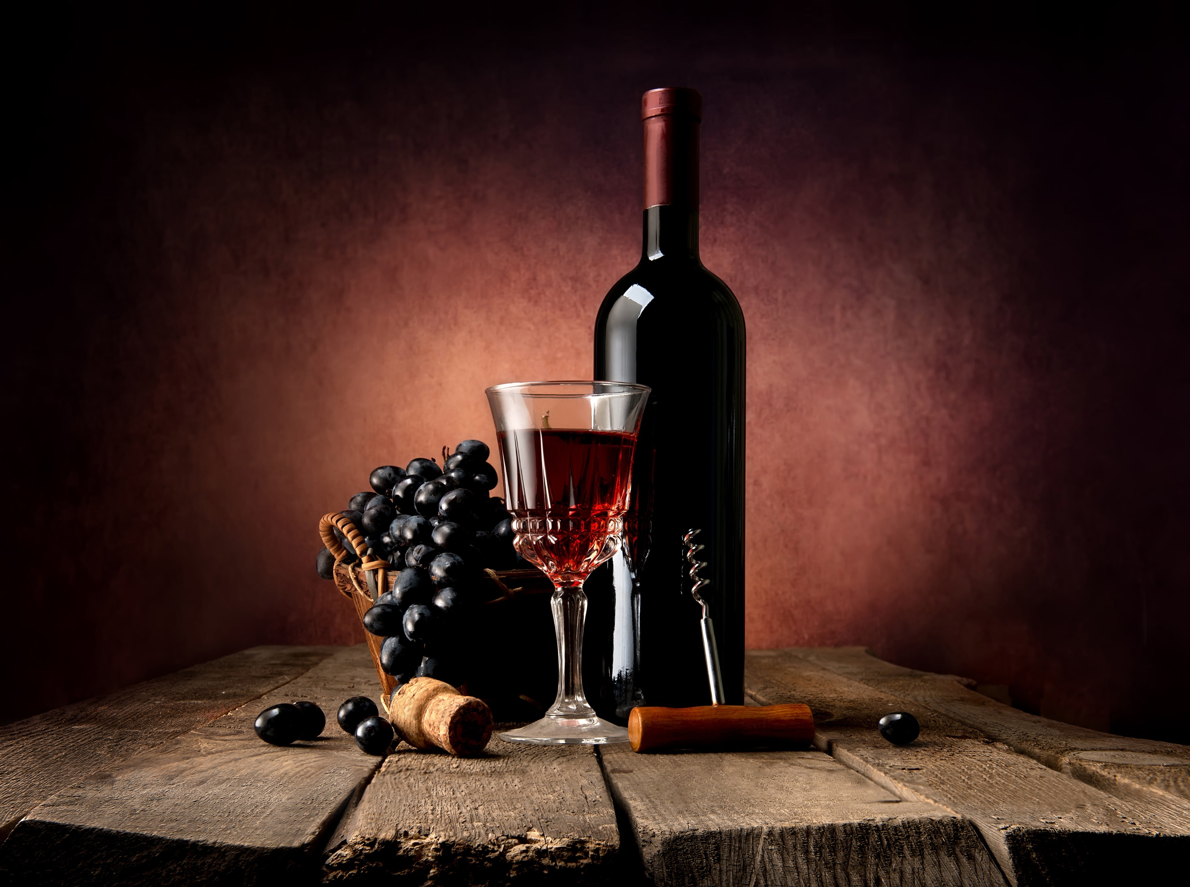 corkscrew, bottle, 4K, grapes, wine, glass, HD Wallpaper