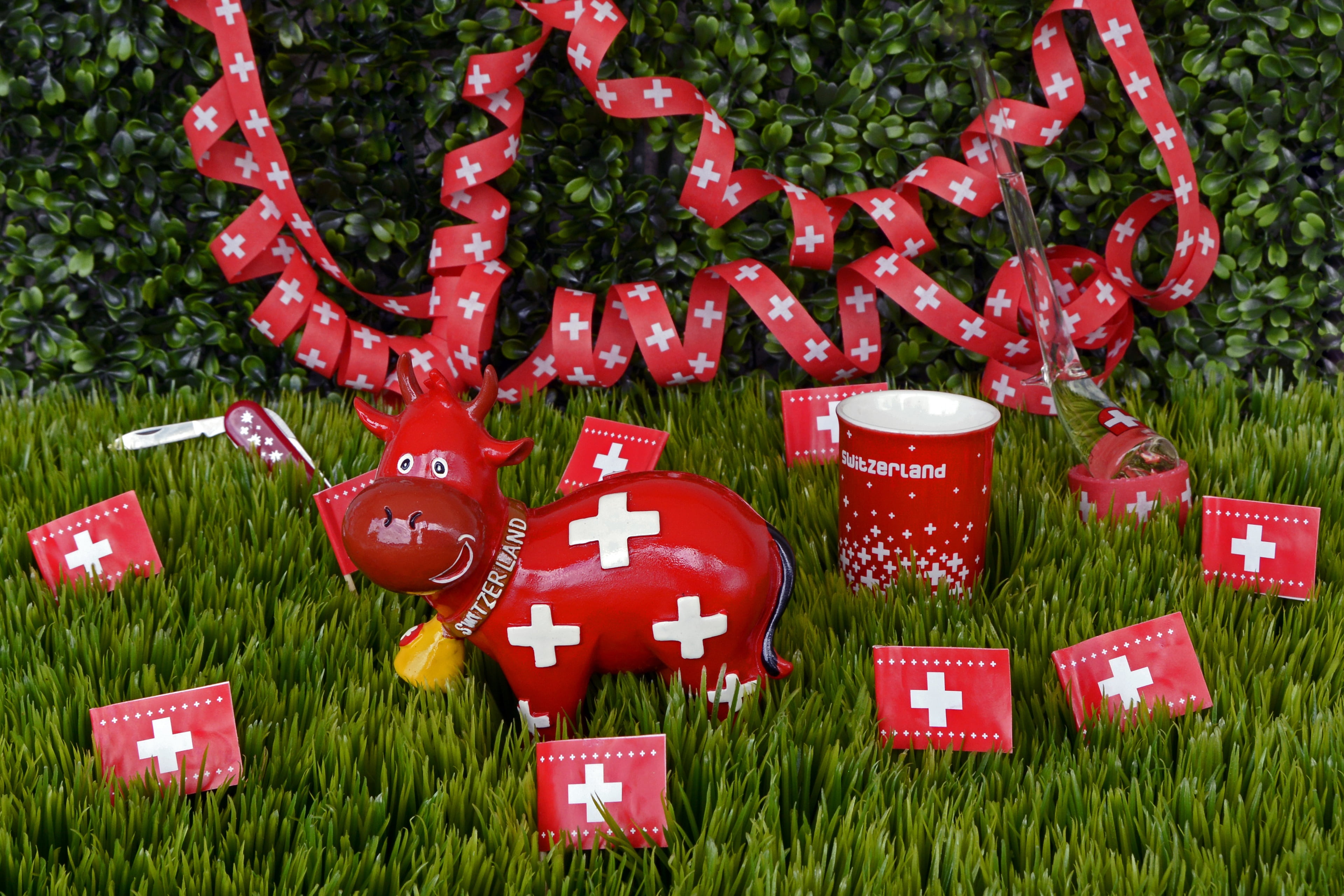 celebrate, christmas ornament, light, cracker, swiss flag, grass, art and craft, no people, text, celebration, creativity, field, outdoors, holiday, white, HD Wallpaper