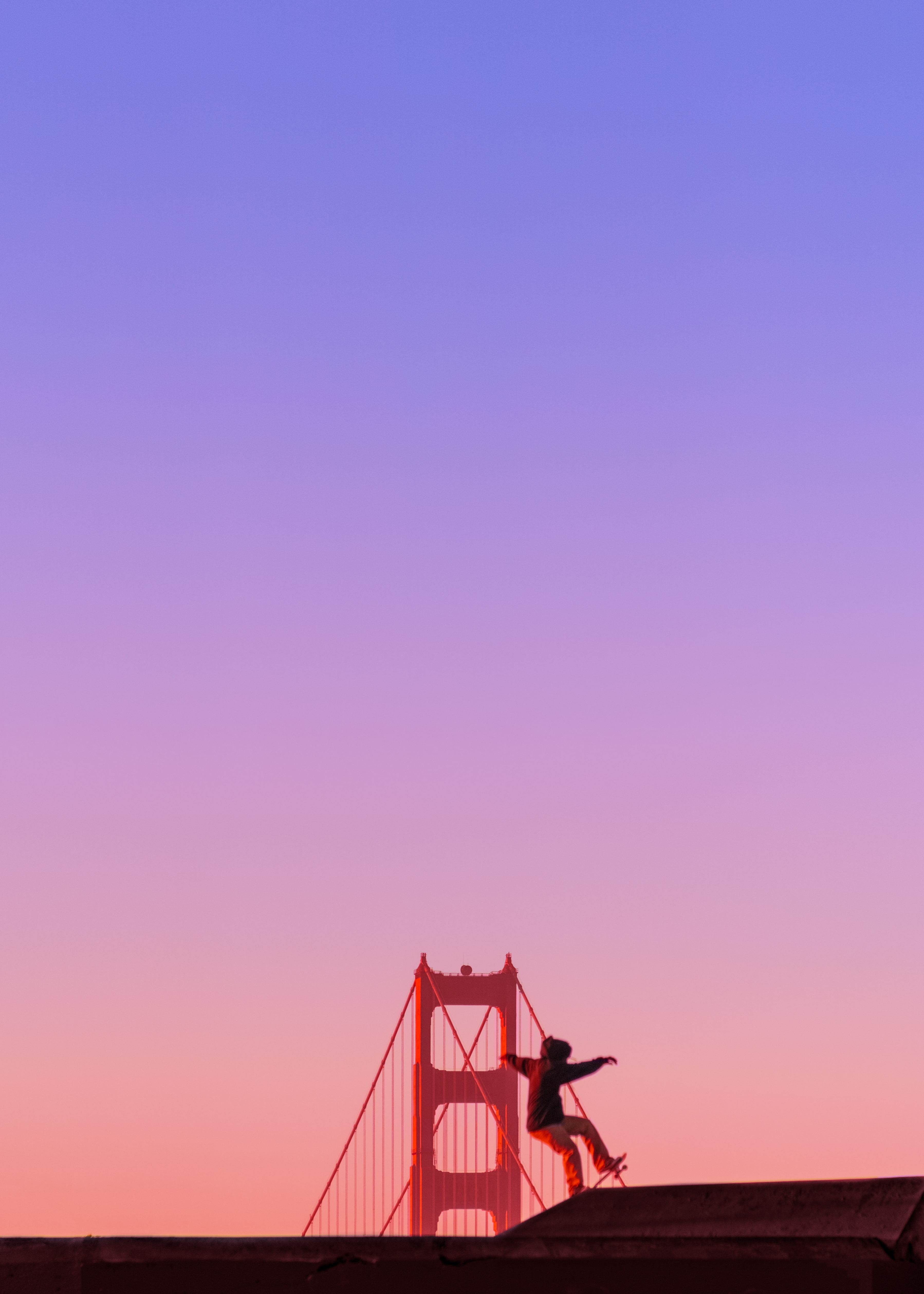 gate, samyang, travel destinations, colorful, riding, bridge, skateboard, people, architecture, 4K, limb, a6000, human limb, human arm, sunset, connection, Phone HD Wallpaper