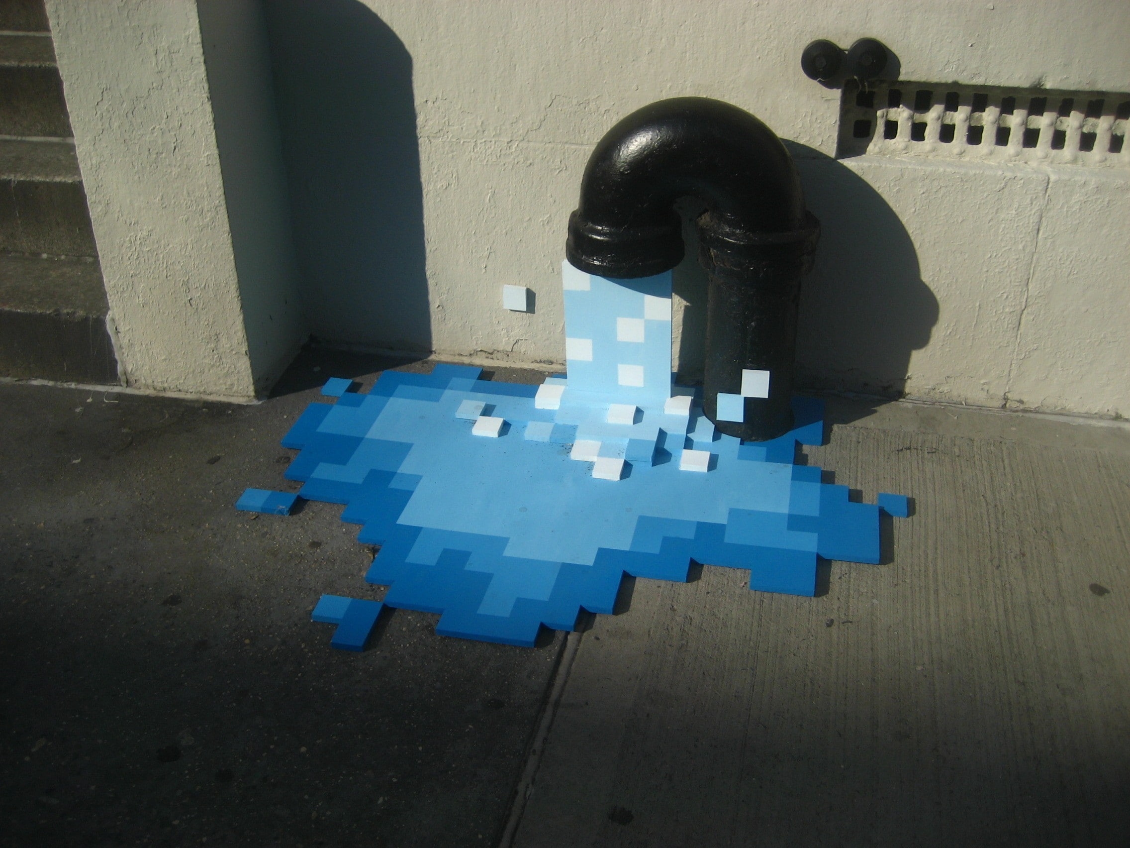 1080P, pipes, pixels, pixel art, building, artwork, shadow, street, street art, water, HD Wallpaper