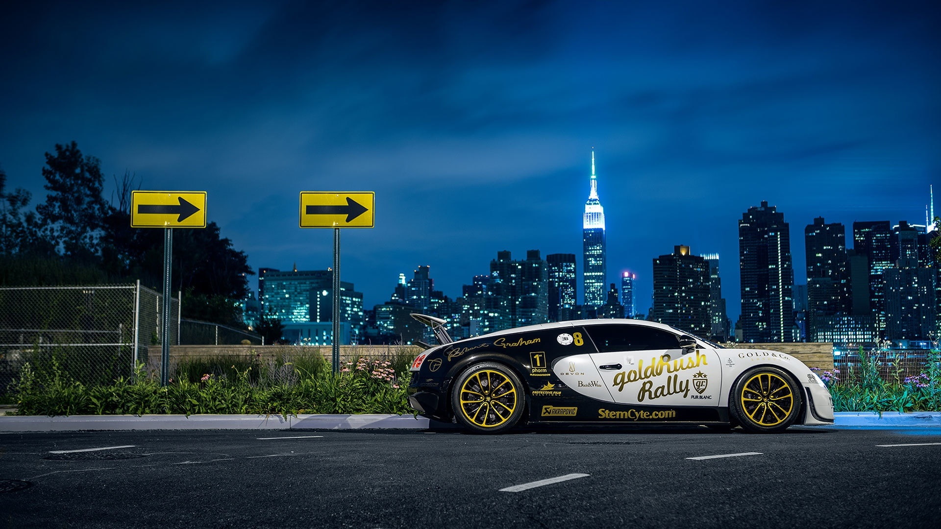 Side, Lights, View, Veyron, Night, City, New, white, Bugatti, black, York, Supercar, coupe, 1080P, HD Wallpaper