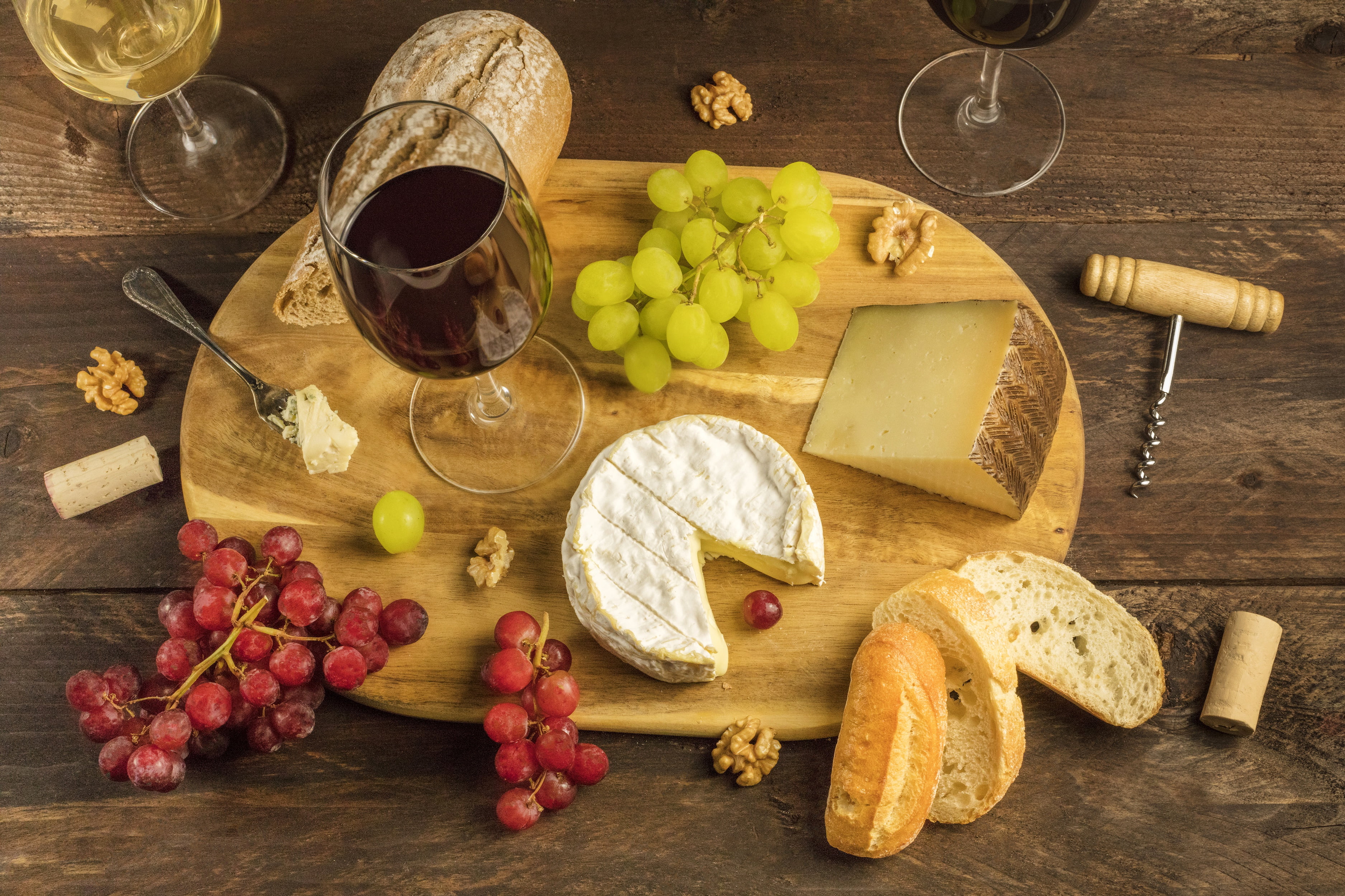 2K, plug, Board, grapes, tube, bread, corkscrew, walnut, cheese, wine, table, glasses, HD Wallpaper