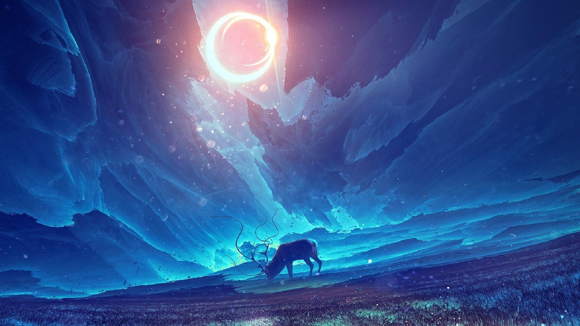 scenics - nature, cold temperature, sunlight, deer, illustration, beauty in nature, people, lens flare, awesome, one animal, nature, mountain, sky, adventure, HD Wallpaper