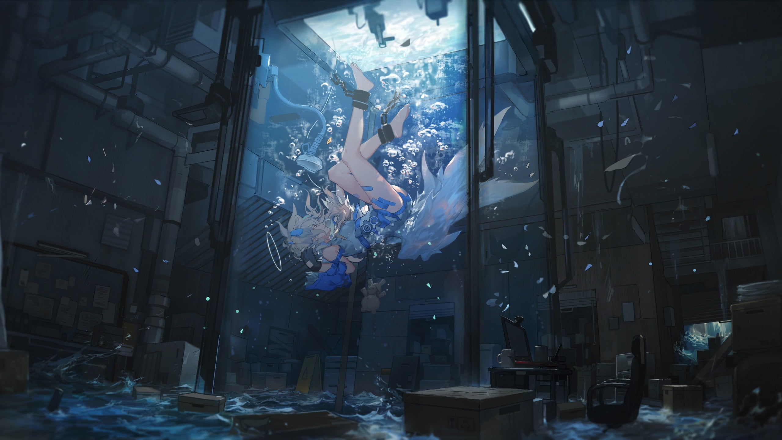 underwater, transparent, water, character, nature, anime, leisure activity, indoors, night, illuminated, Miv4t, one person, chains, glass, female, architecture, HD Wallpaper