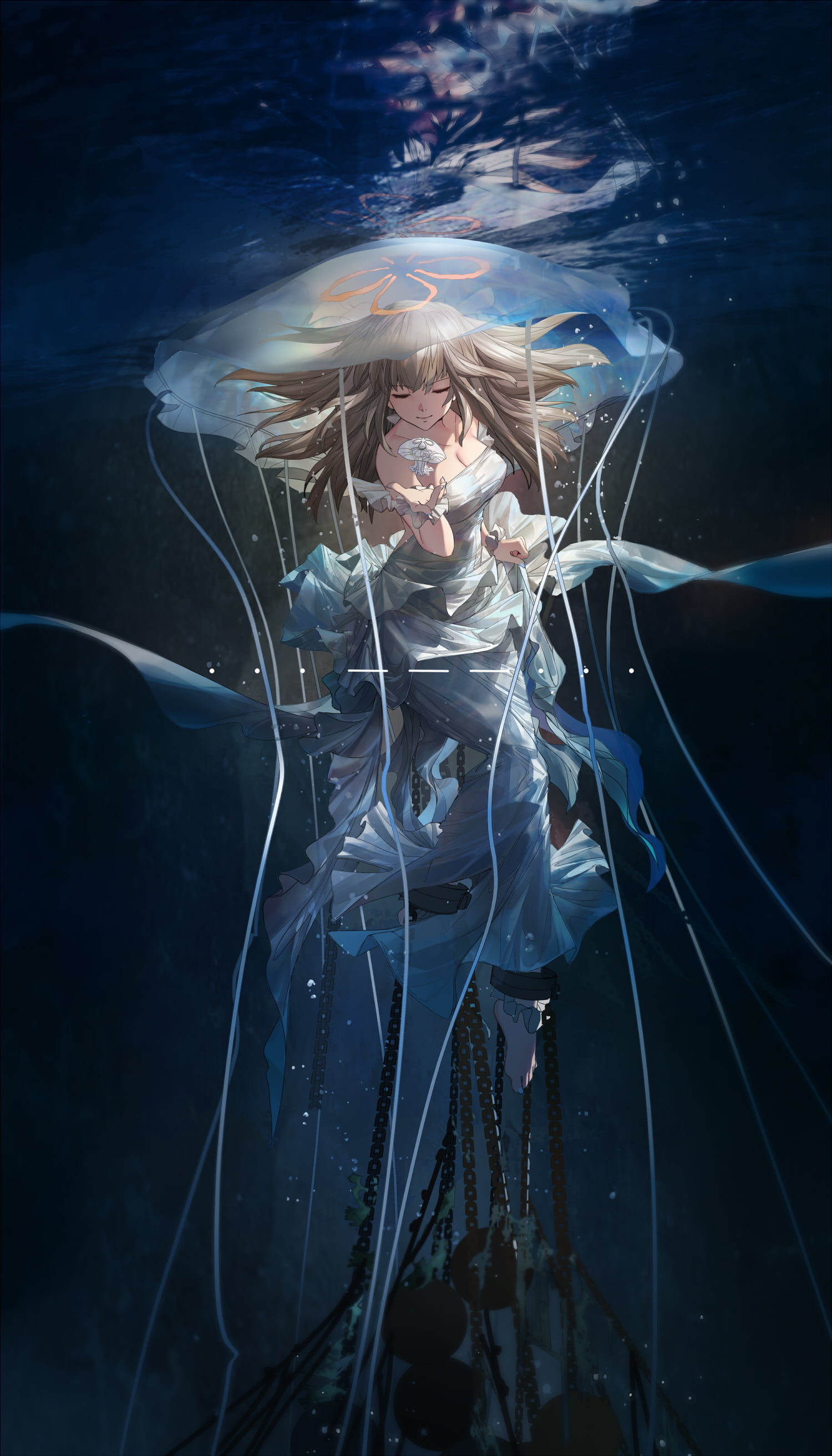 sea life, young adult, anime girls, floating on water, underwater, nature, jellyfish, waist up, water, young women, women, undersea, adult, chains, 2K, Phone HD Wallpaper