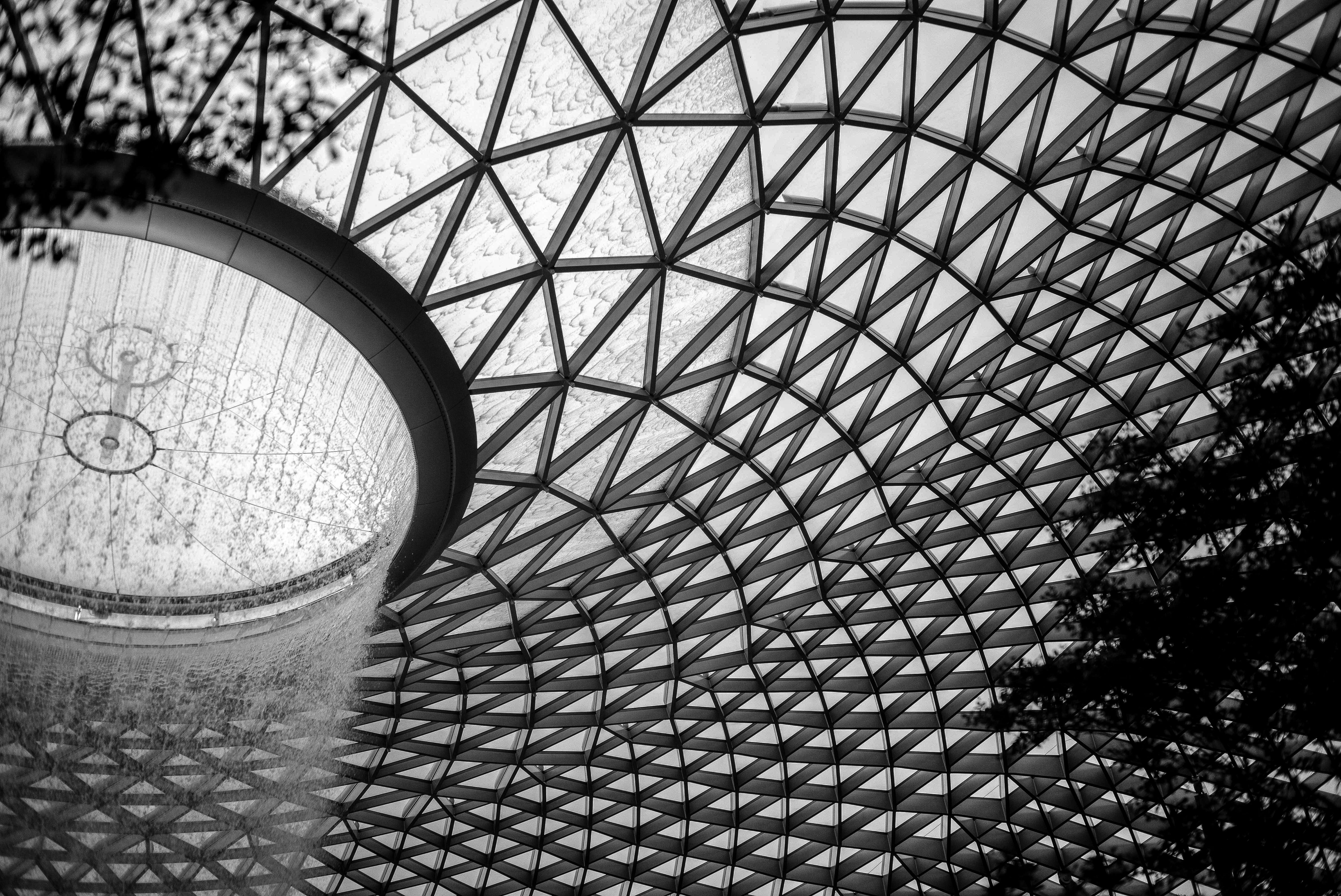 shape, airport, pattern, architecture, directly below, building, waterfall, glass, 5K, tower, close-up, indoors, metal, built structure, no people, ceiling, HD Wallpaper