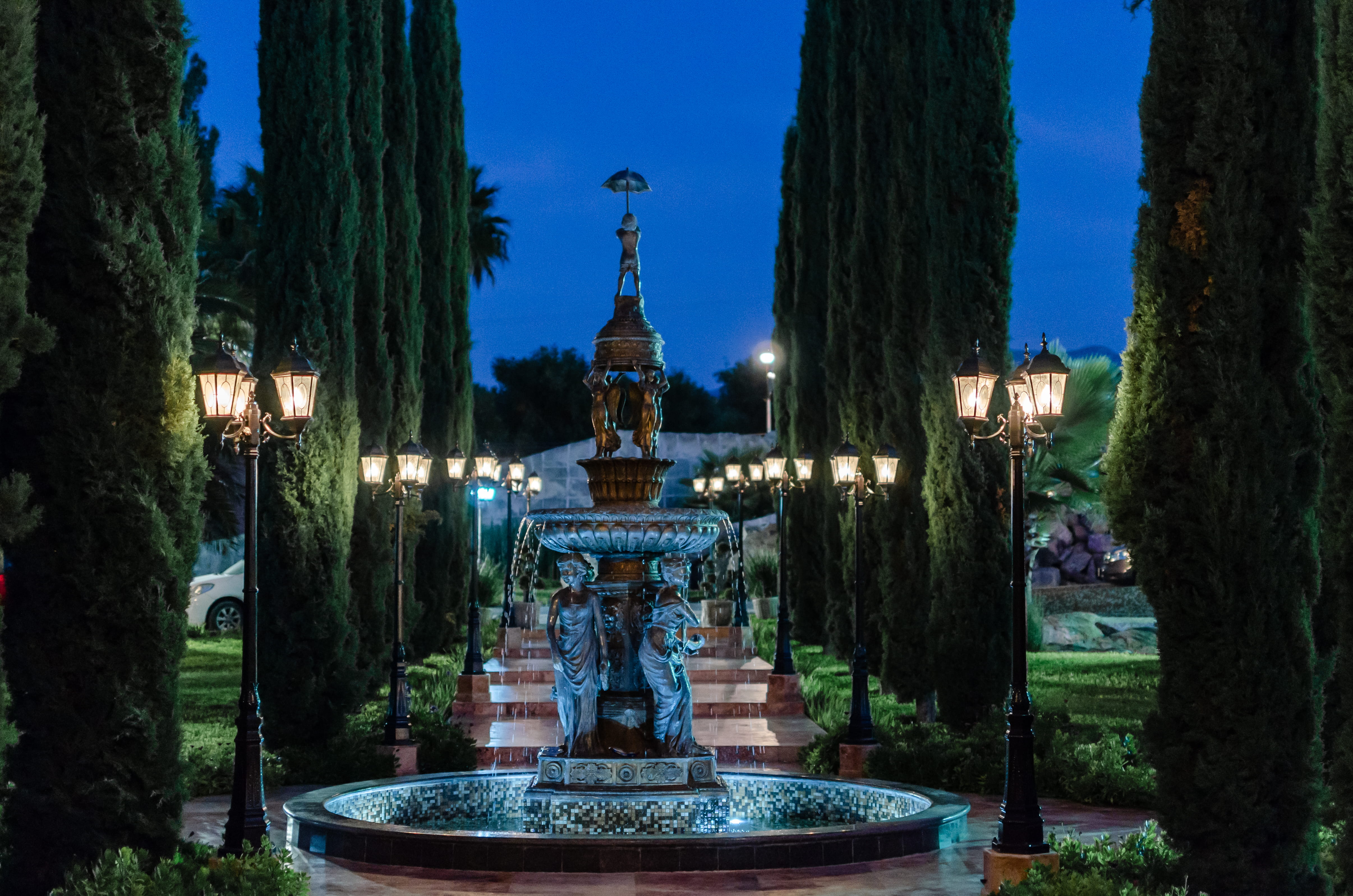 garden, illuminated, blue, human, fountain, plant, mexico, tree, nature, lighting equipment, saltillo, built structure, 4K, woods, abies, place of worship, HD Wallpaper