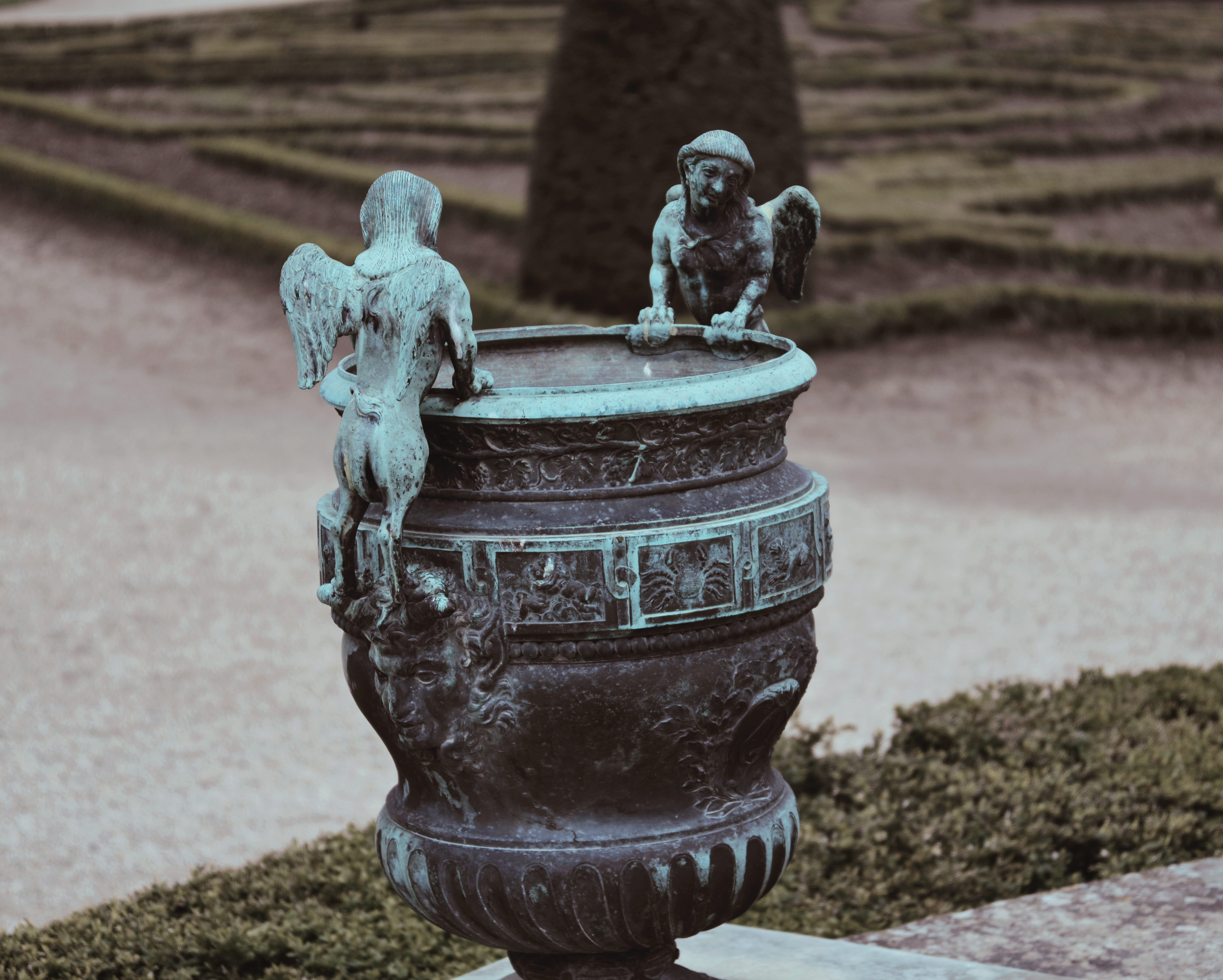 archaeology, art, figurine, rusty, water, 4K, day, sphere, no people, drinking fountain, plant, flagstone, human representation, architecture, art and craft, HD Wallpaper