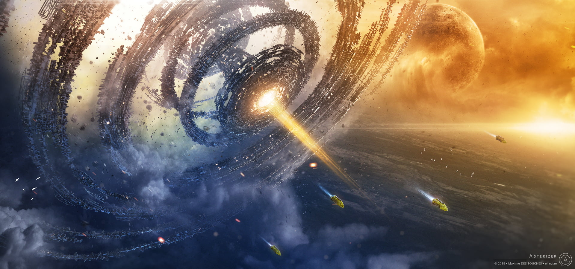 science fiction, planet, 1080P, space, glowing, Elreviae, vortex, space shuttle, flying, drawing, HD Wallpaper