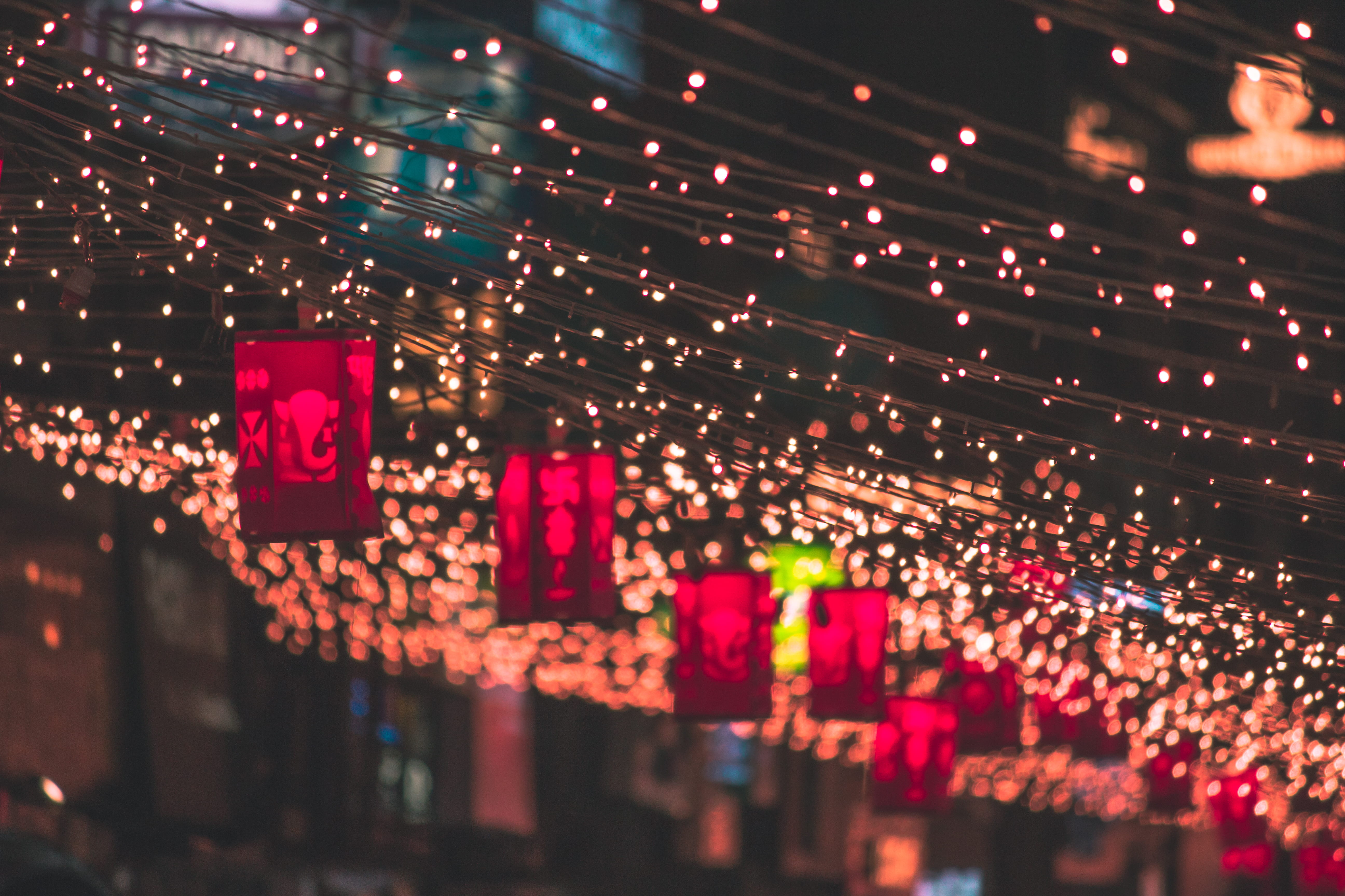 lights, street, building exterior, architecture, hanging, red, multi colored, paper, lens, city, nightlife, night, photography, low angle view, outdoors, HD Wallpaper