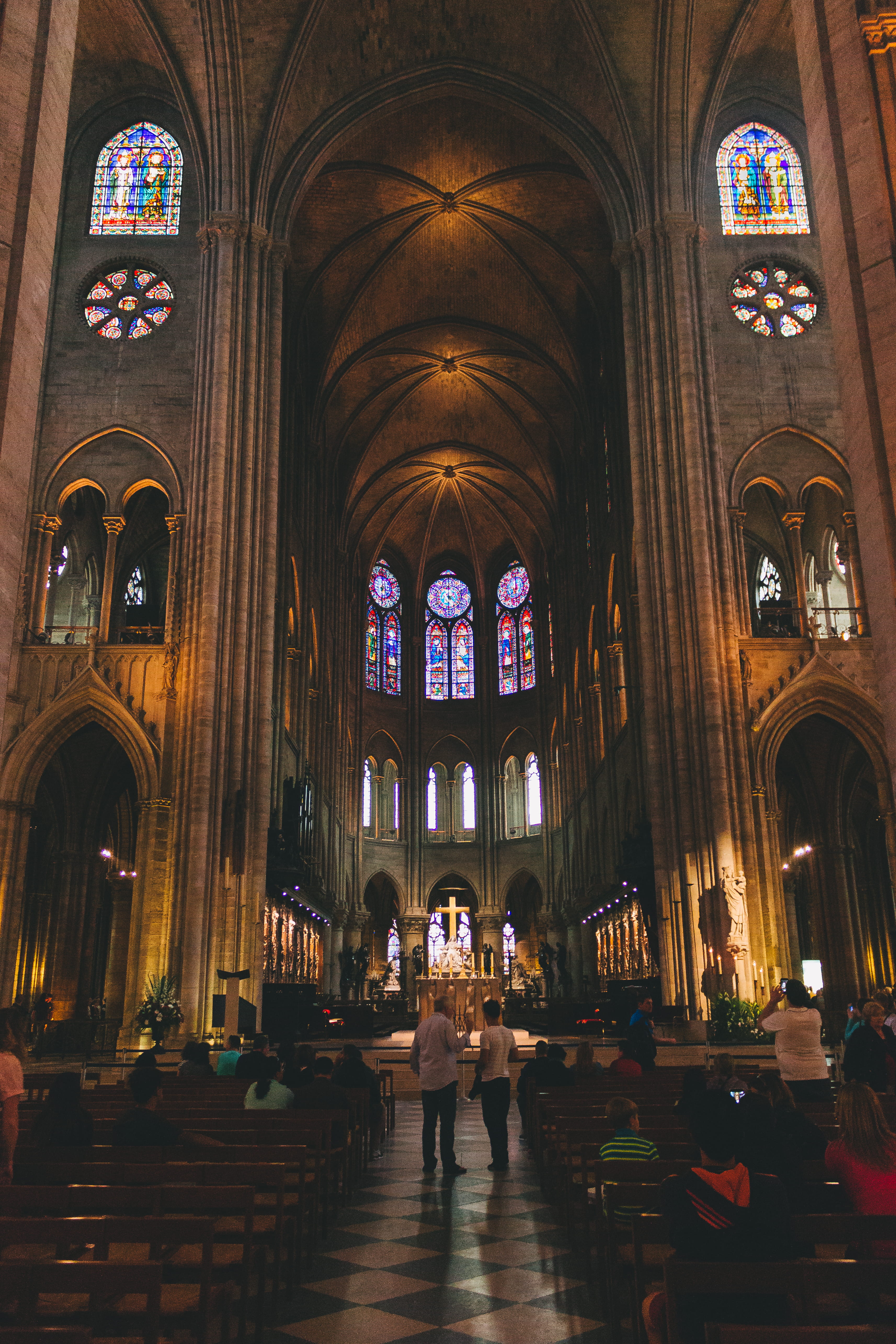 altar, window, church, architecture, beauty, ceiling, cathédrale notre-dame de paris, people, place of worship, europe, architectural column, romanesque, Phone HD Wallpaper