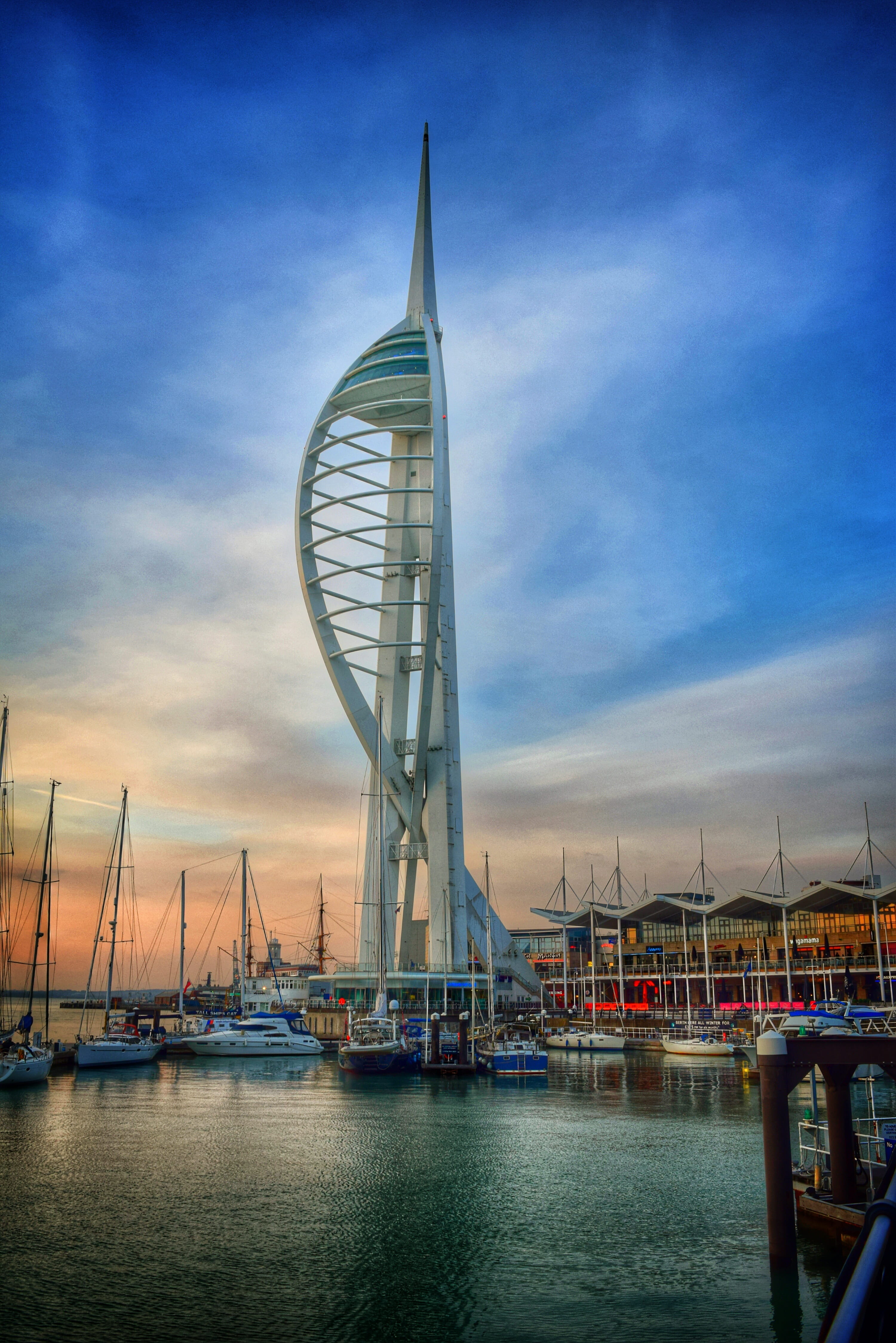 Spinnaker Tower, burj Al Arab Hotel, landscapes, hampshire, moored, marina, Portsmouth, river, cloud - sky, urban Scene, england, harbor, England, reflection, Phone HD Wallpaper