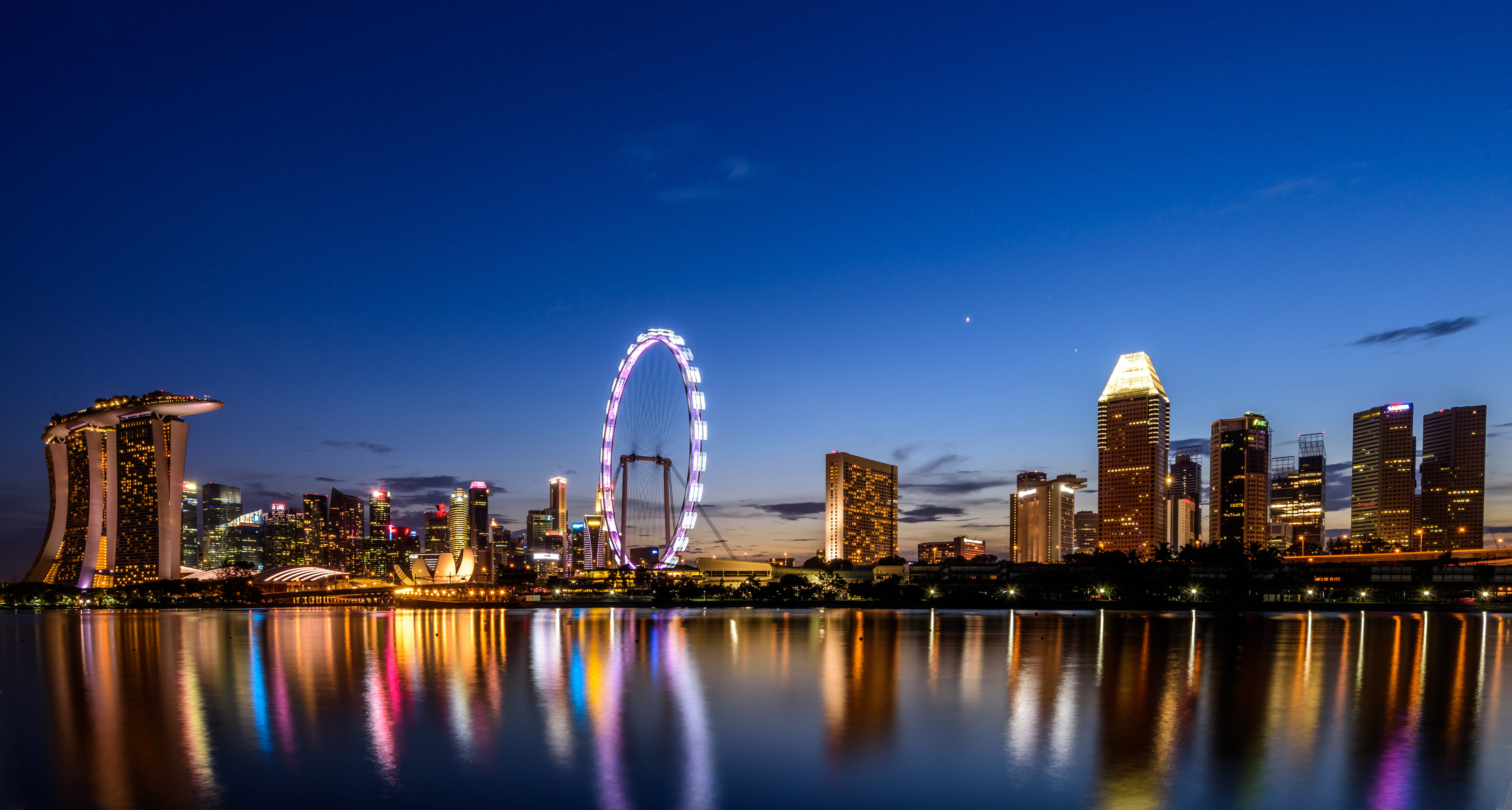 illuminated, outdoors, built Structure, famous Place, urban Scene, reflection, 5K, twilight, lights, modern, river, ferris wheel, cityscape, tower, dusk, HD Wallpaper