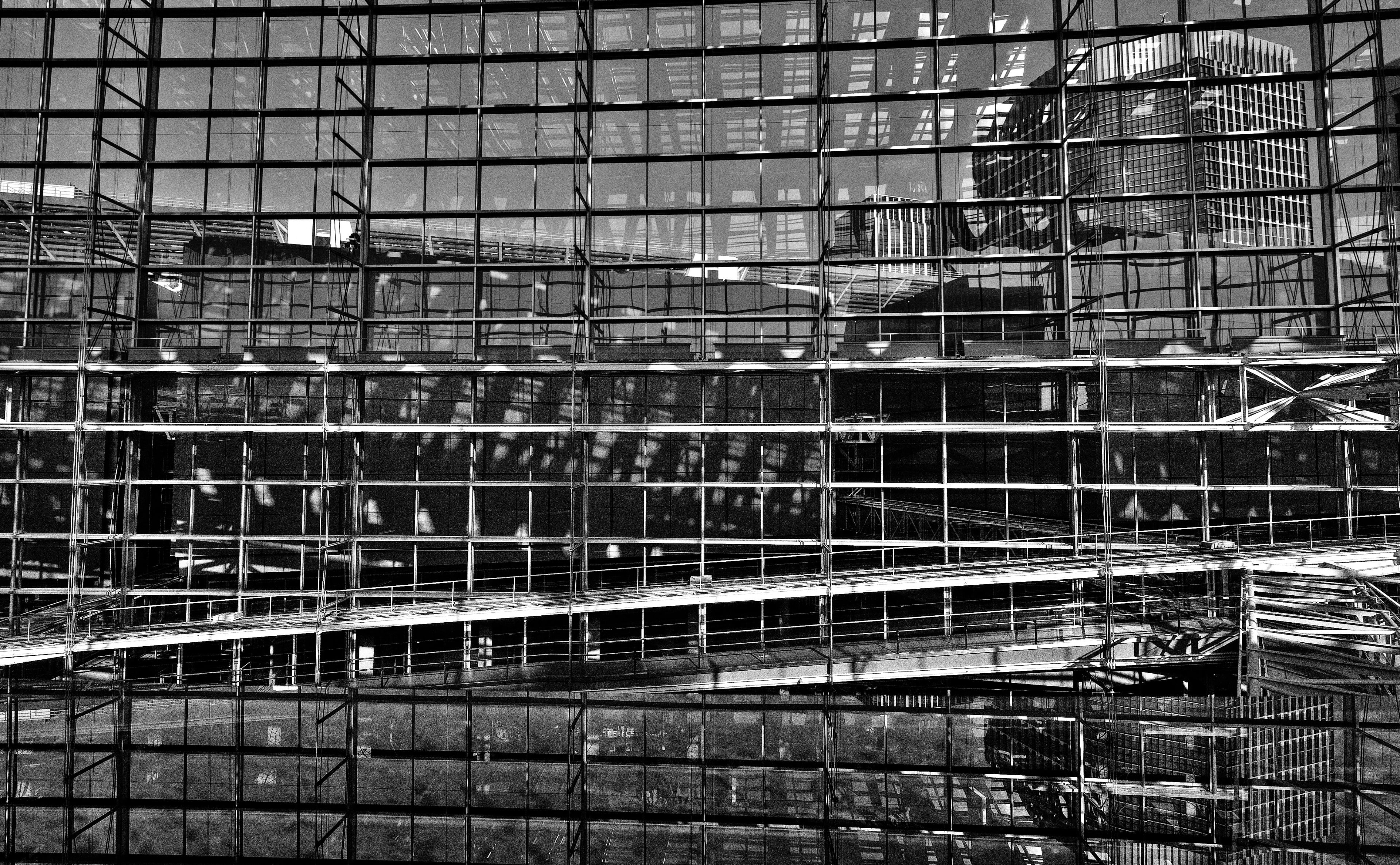 full frame, glass, nature, Tokyo, blackandwhite, Black and White, Windows, city, building exterior, nikond700, construction site, tokyointernationalforum, HD Wallpaper