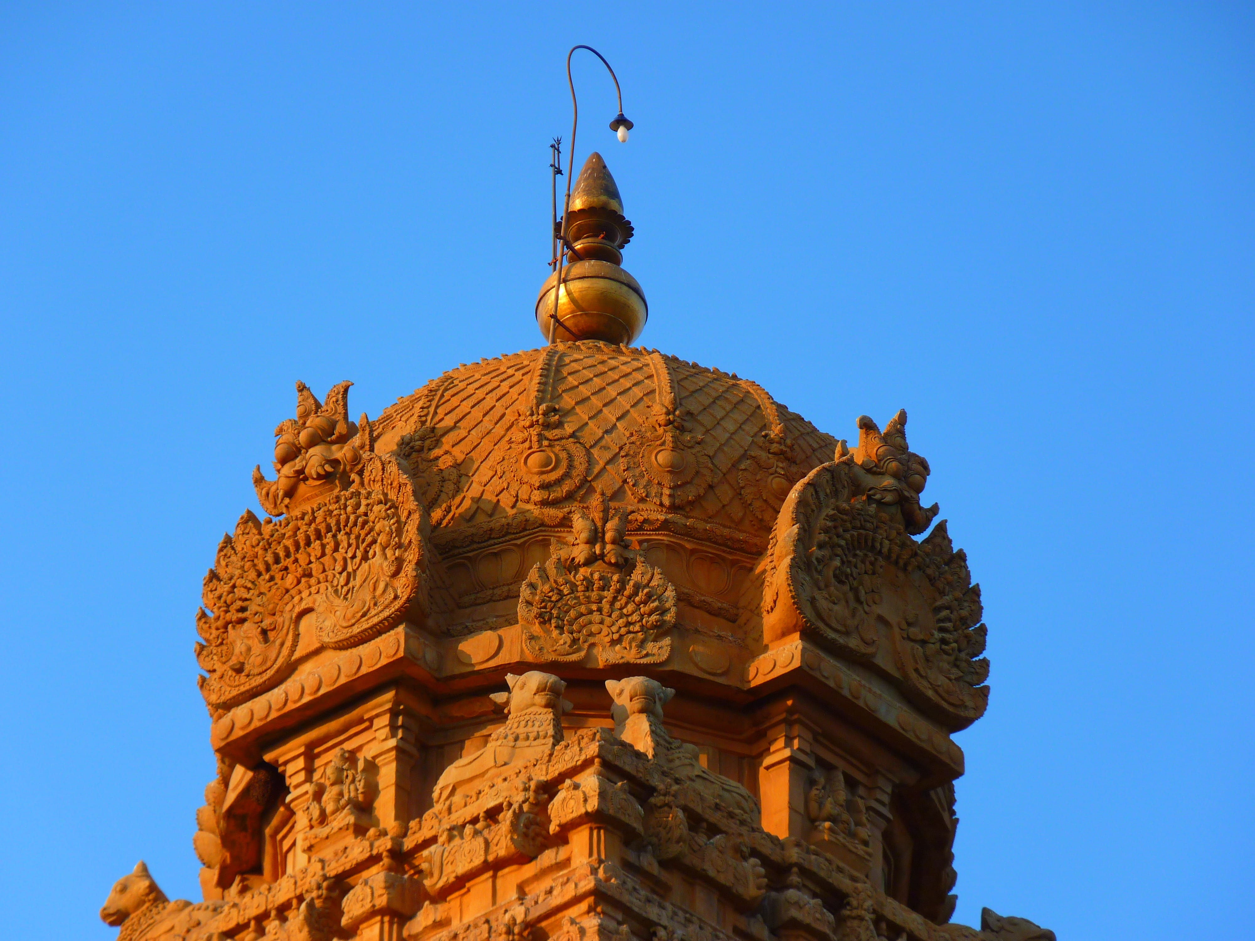 religion, Dome, day, travel destinations, brihadeshwara templ, gold Colored, temple - Building, 4K, hinduism, belief, Temple, built structure, place of worship, HD Wallpaper