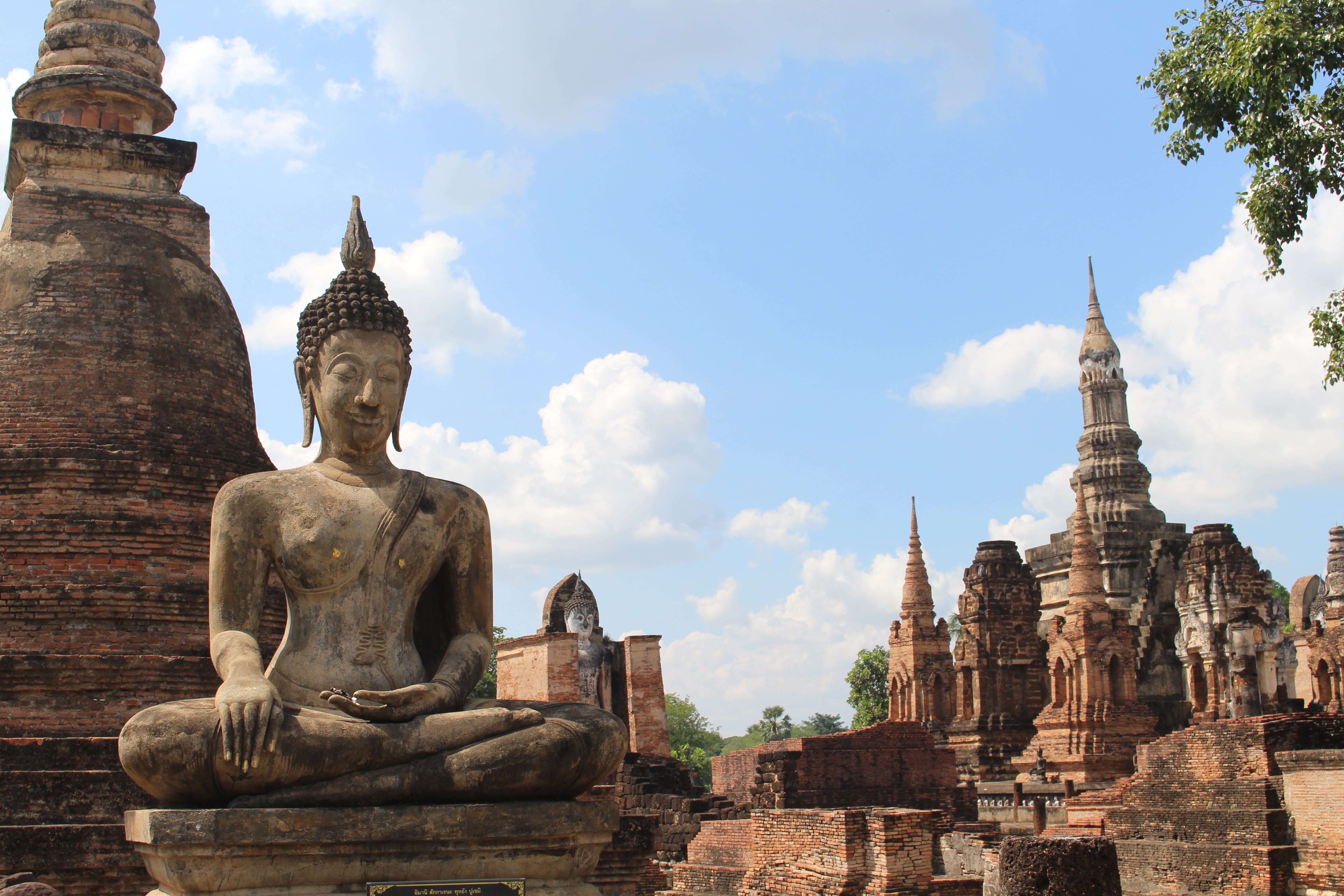 sukkhothai, 5K, temple complex, weathered, stone figure, Thailand, belief, architecture, sculpture, building exterior, place of worship, sun, built structure, HD Wallpaper