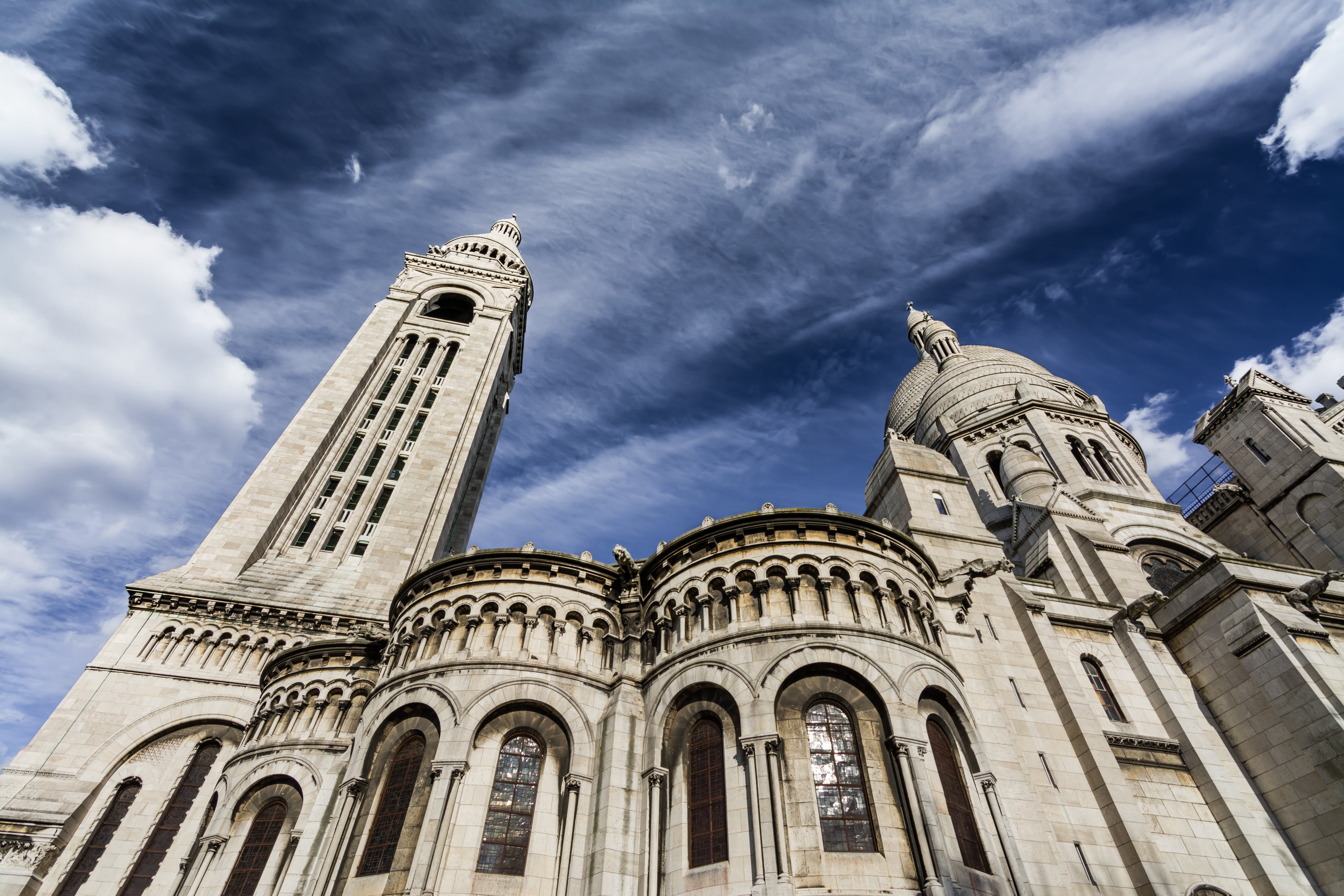 cathedral, catholic, montmarte, travel, sky, travel destinations, sunny, urban, france, ancient, built structure, architectural column, blue sky, basilica, HD Wallpaper