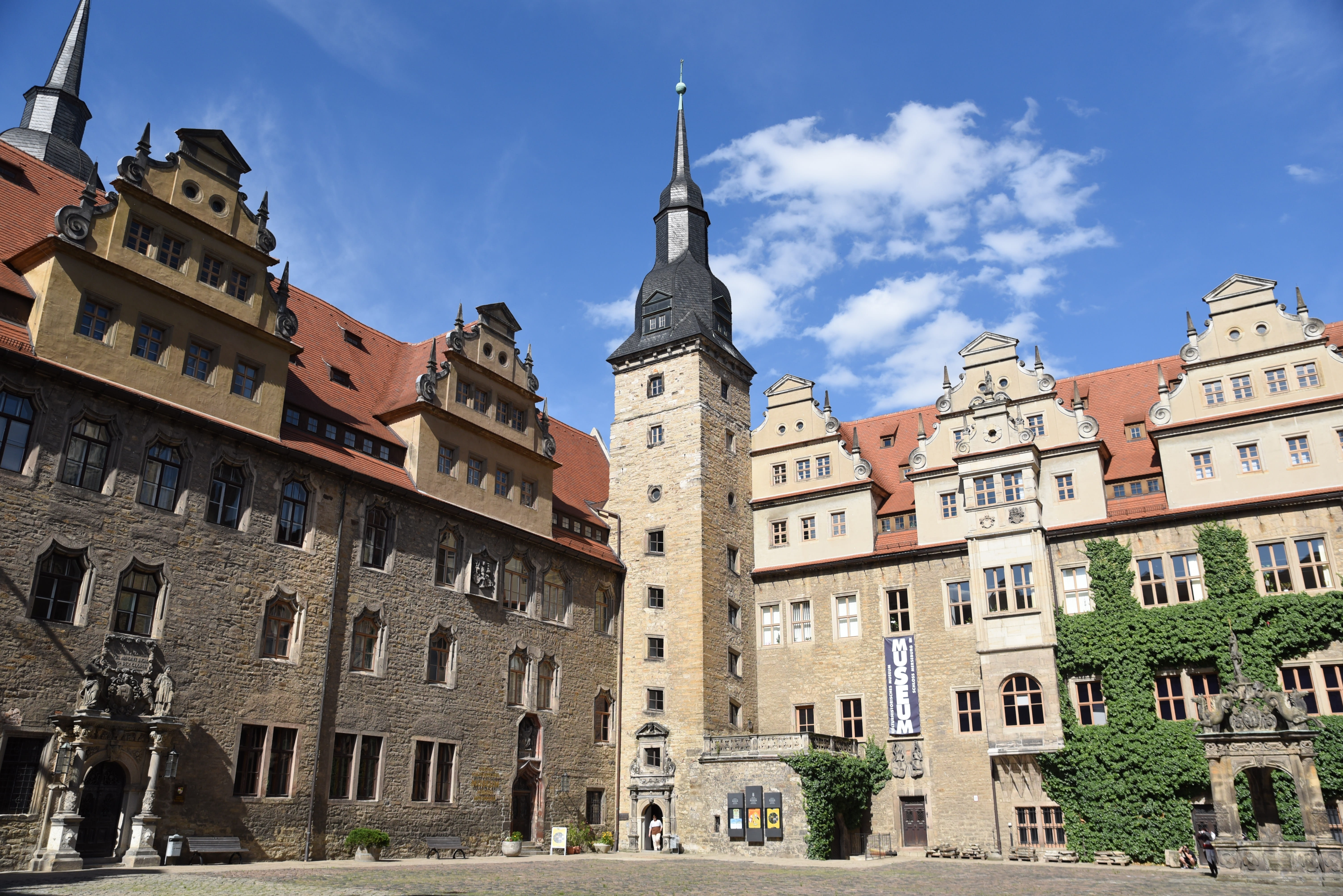 good weather, built structure, germany, day, Merseburg, green, Sky, blue, old town, Castle, spire, facade, town, old, landscape, the past, saxony-anhalt, HD Wallpaper