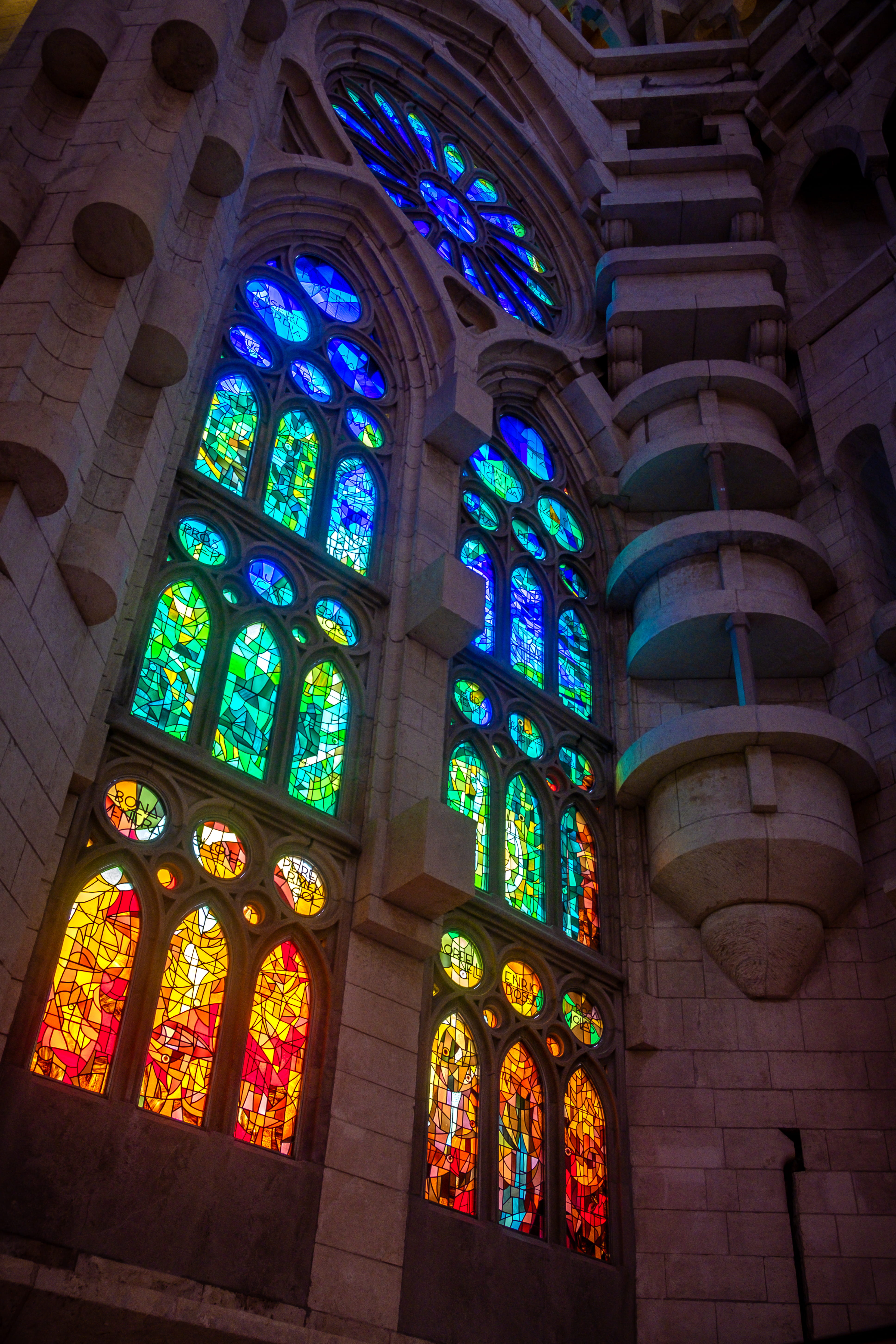 green, building, ceiling, sagrada familia, belief, glass, stained glass, art, sacred, church, gaudi, architecture, barcelona, historic, interior, light, Phone HD Wallpaper