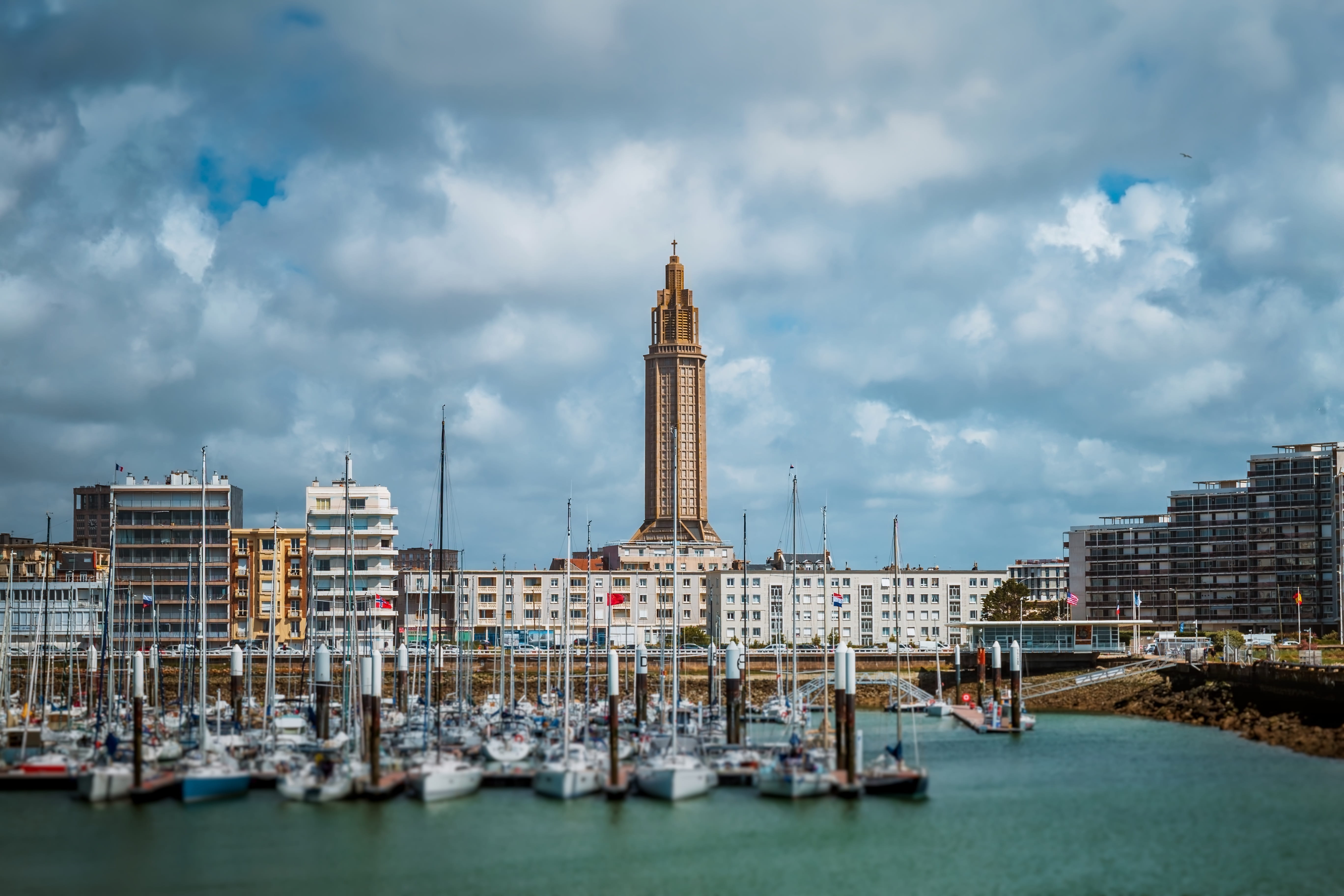 waterfront, no people, spire, 5K, sailboat, tower, outdoors, france, tall - high, harbour, built structure, sky, water, le, nature, skyscraper, building exterior, HD Wallpaper