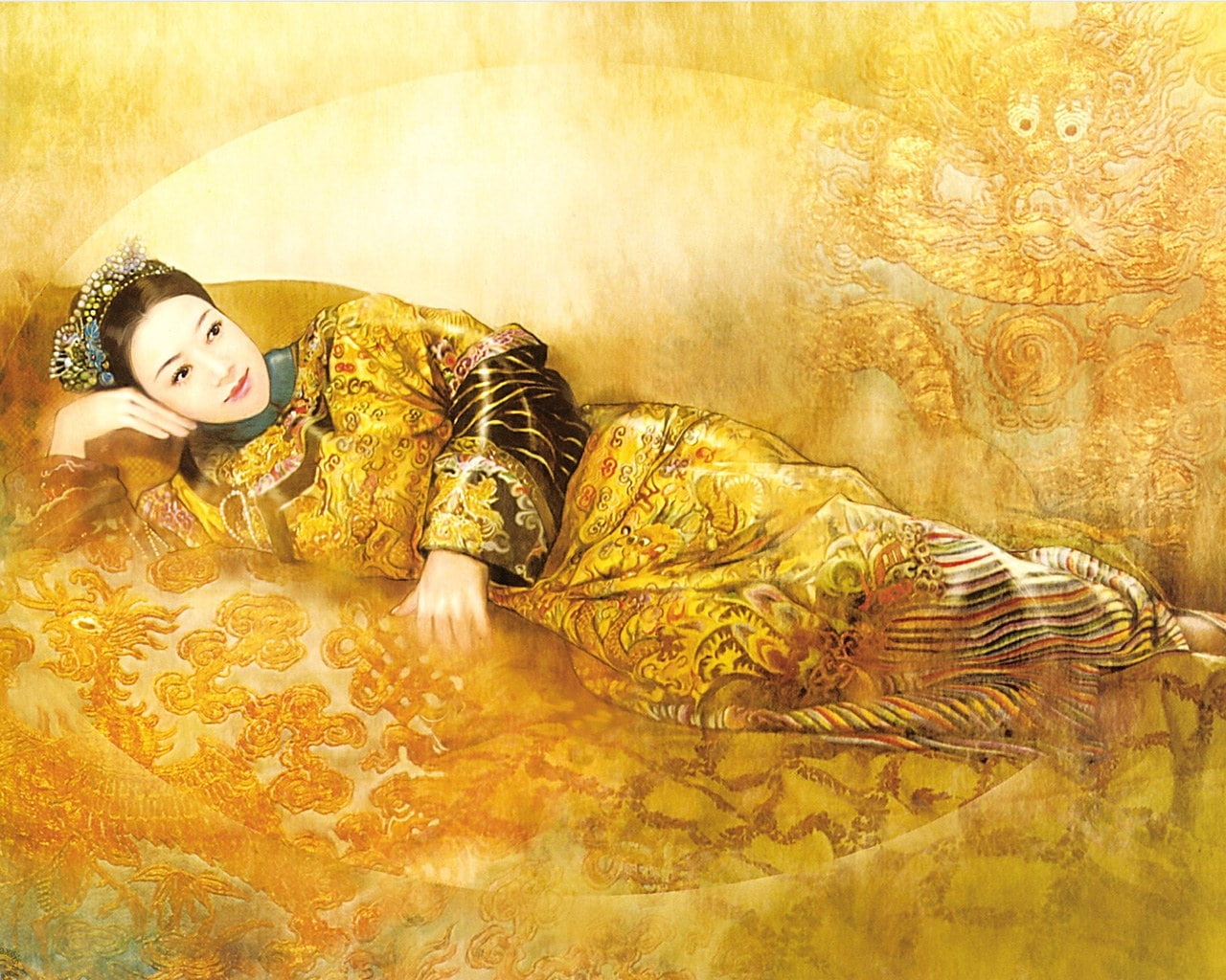 wearing, beauty, golden, traditional, woman, ancient, 720P, artistic, hd, painting, chinese, dress, HD Wallpaper